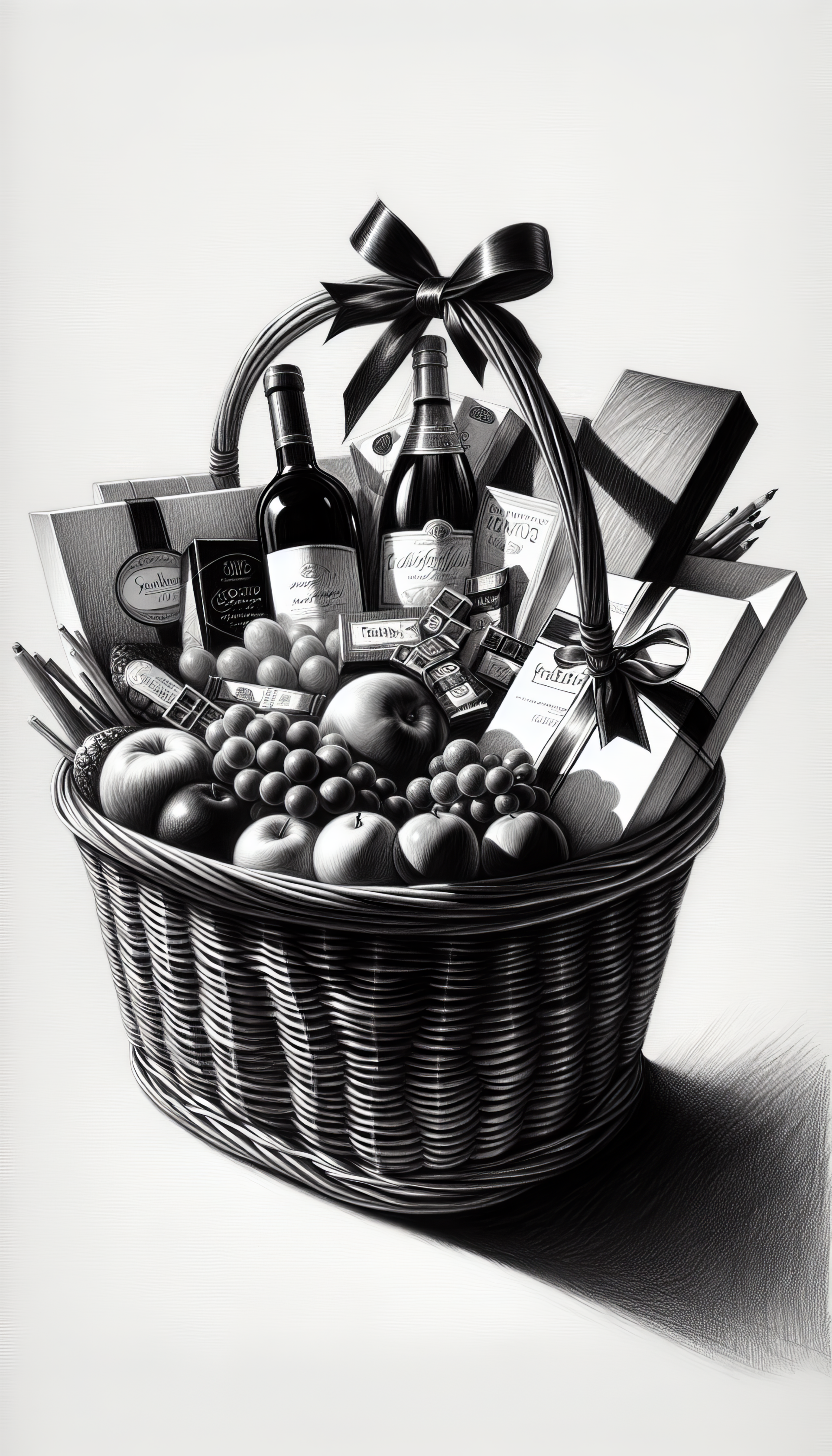 Elegant phone wallpaper featuring a monochrome gift basket with wine bottles, fruits, and gourmet treats, adorned with a decorative bow.