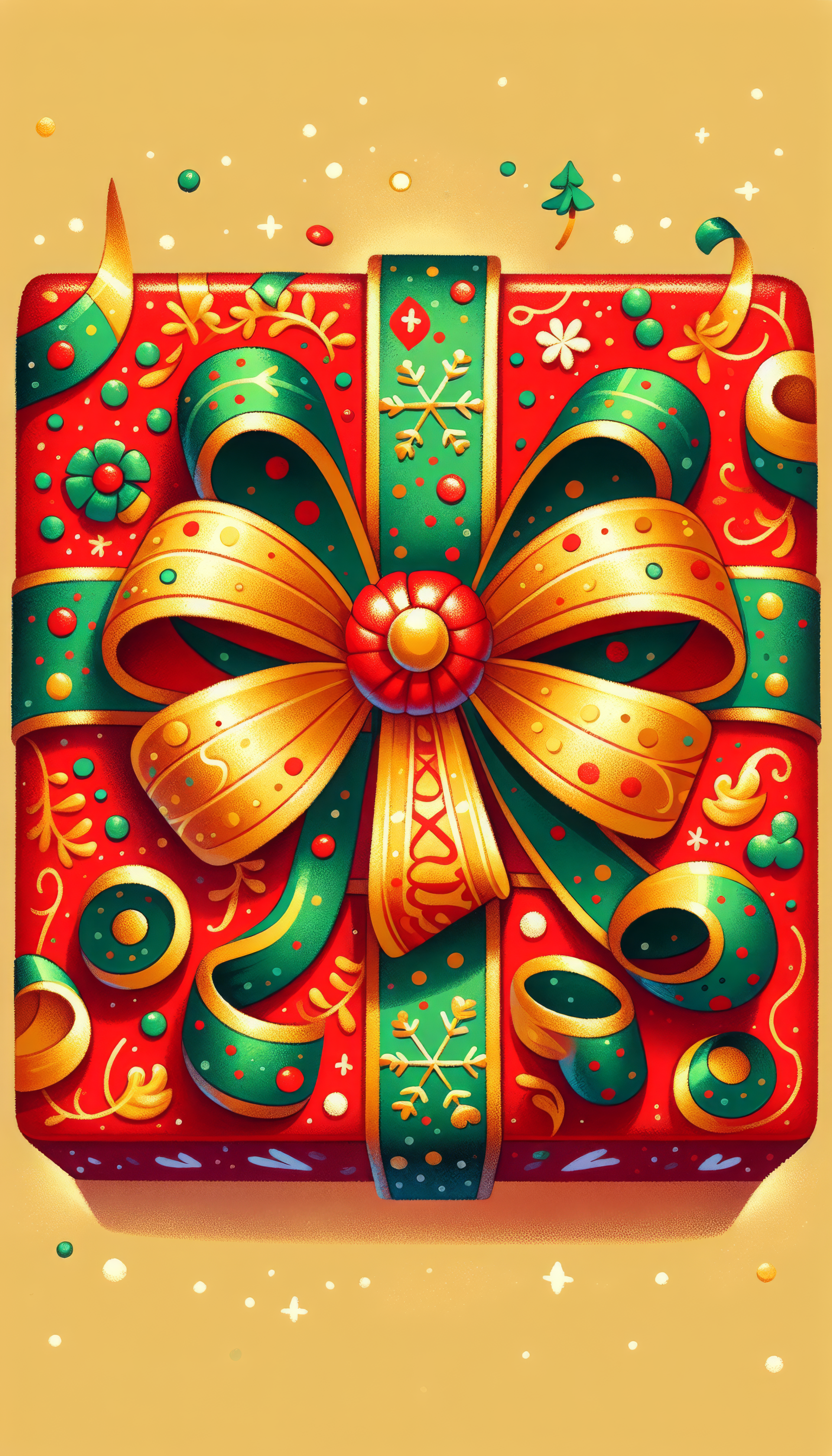 Phone wallpaper featuring an ornate Christmas present adorned with a vibrant gold and green ribbon and festive patterns.
