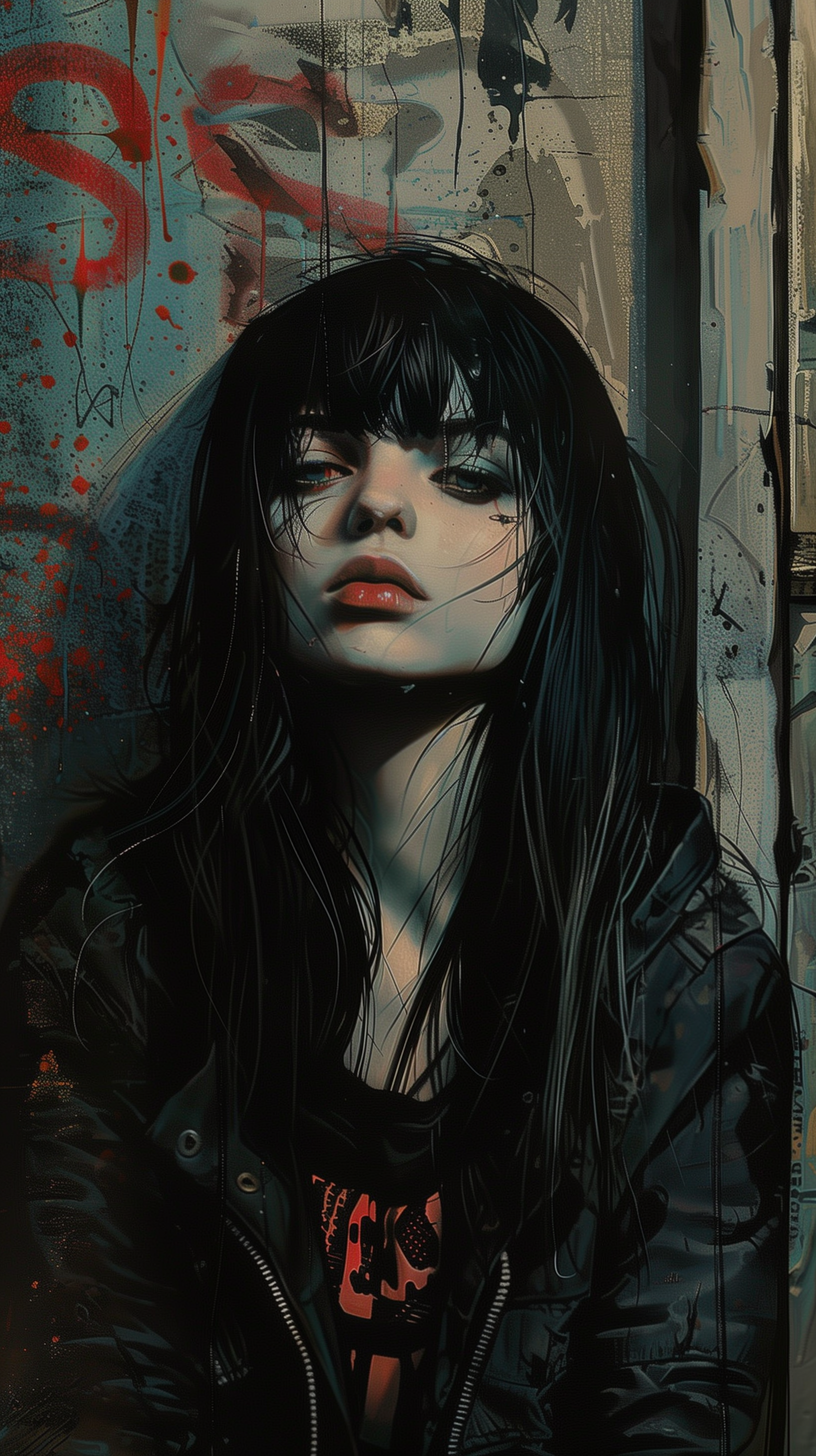 A phone wallpaper featuring a detailed illustration of an emo girl with dark hair in front of a graffiti-covered wall.