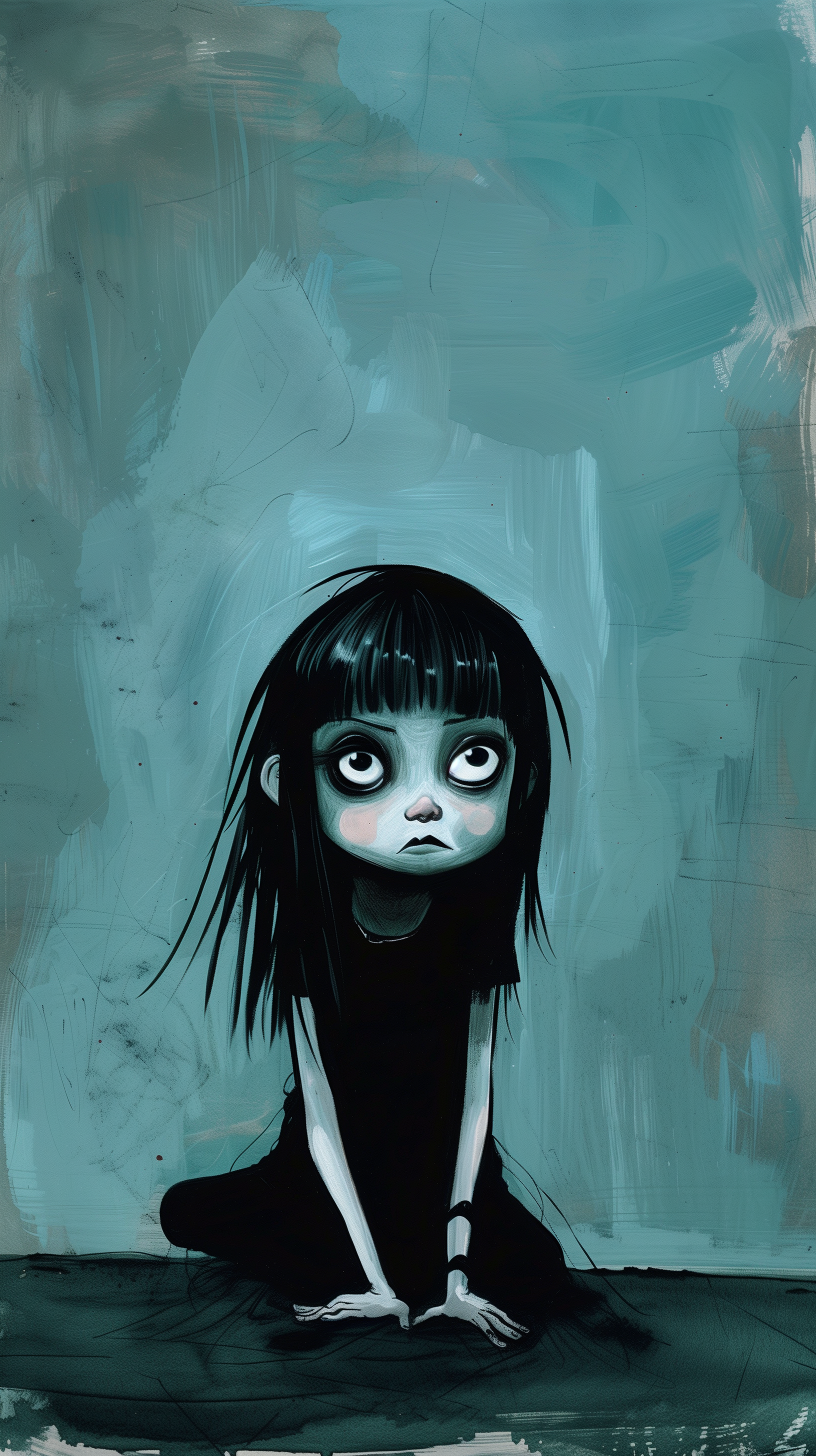 Phone wallpaper featuring a dark, stylized image of an emo girl with large expressive eyes, sitting against a moody, textured blue background.