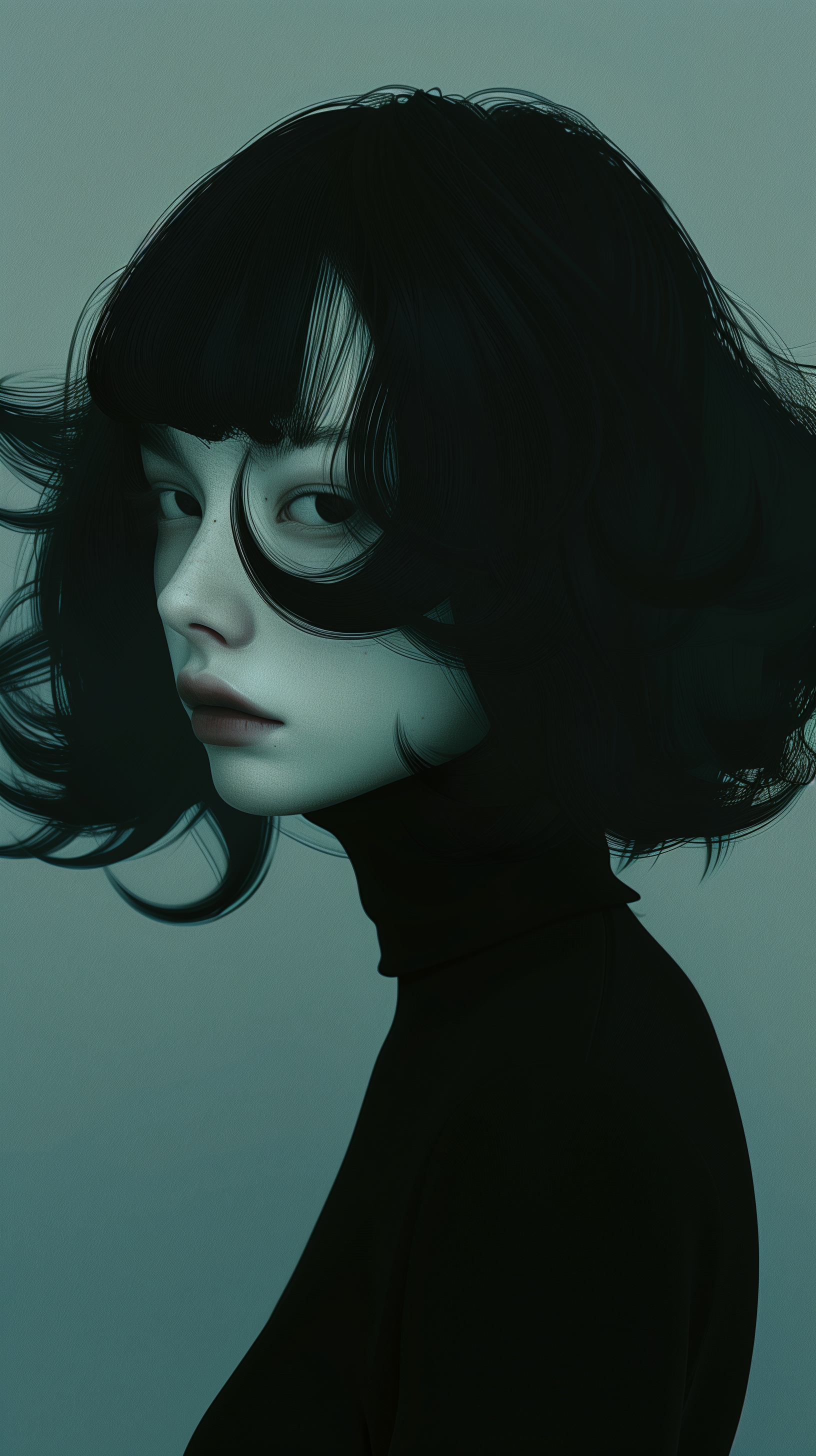 Phone wallpaper featuring a stylized emo girl with dark, flowing hair and glasses, set against a monochrome blue background.