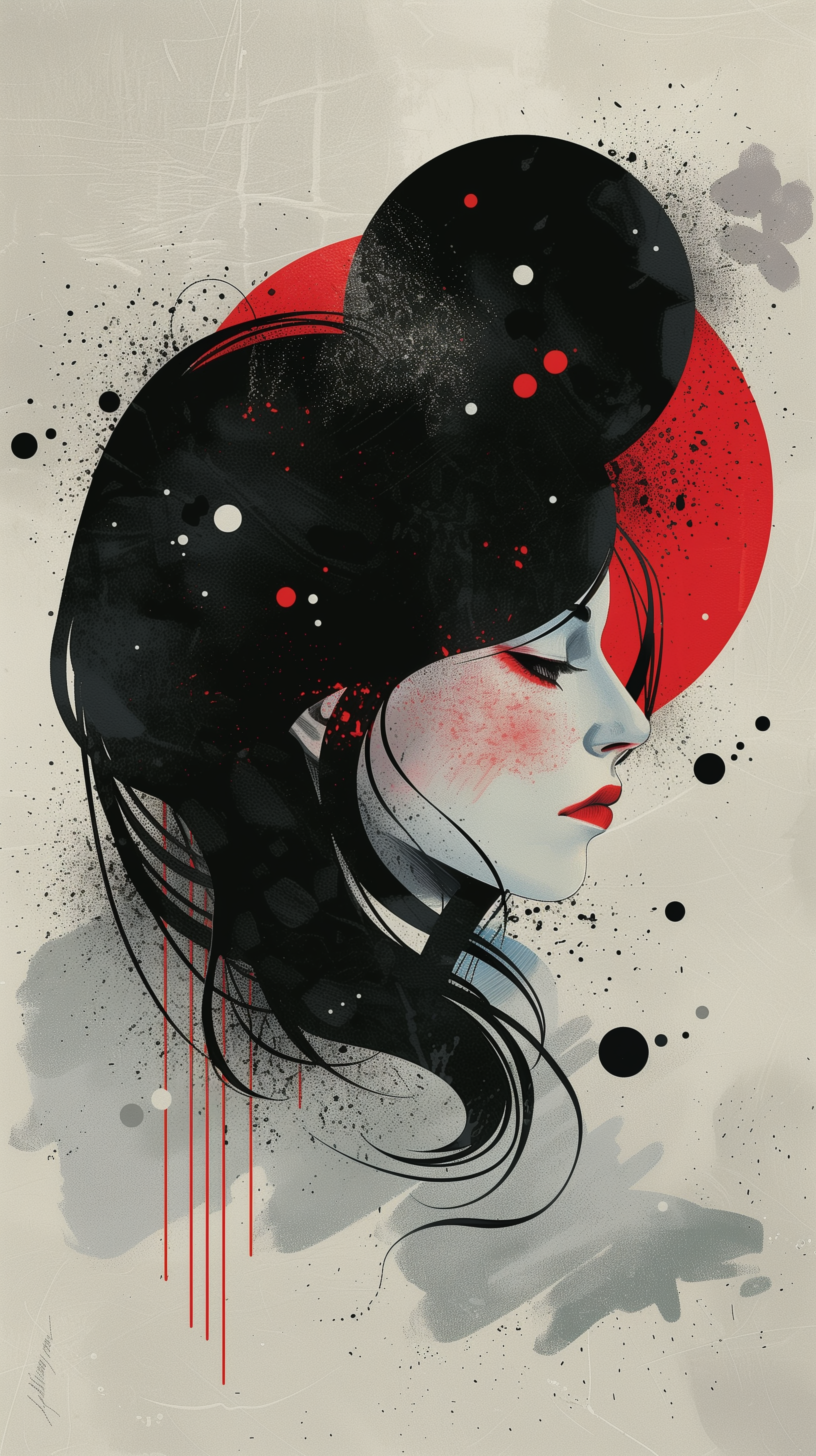 Artistic phone wallpaper featuring a stylized emo girl with a red and black color scheme, adorned with abstract elements.