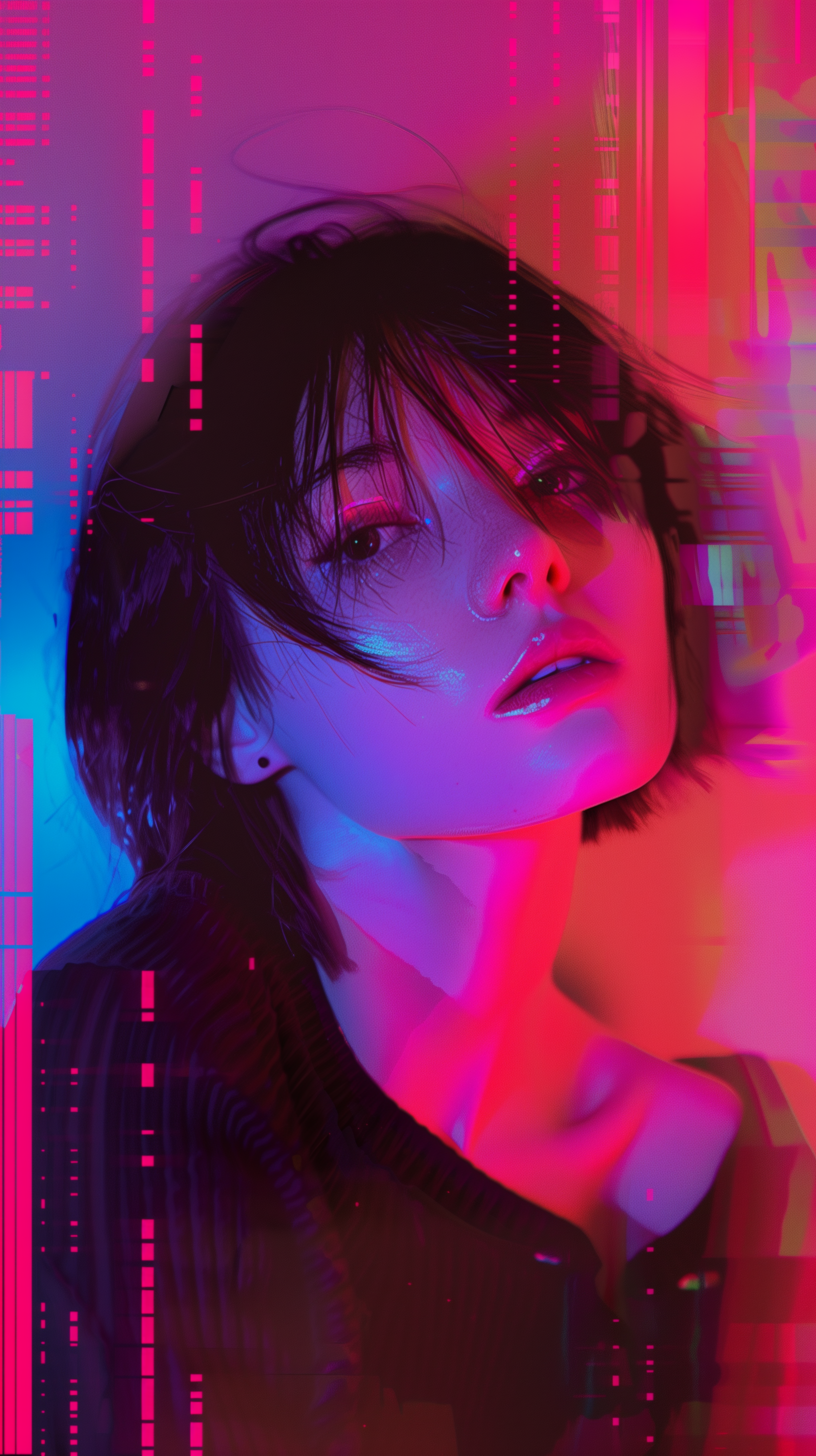 Emo girl with short black hair, looking upward in a neon-lit digital backdrop, designed as a vertical phone wallpaper.