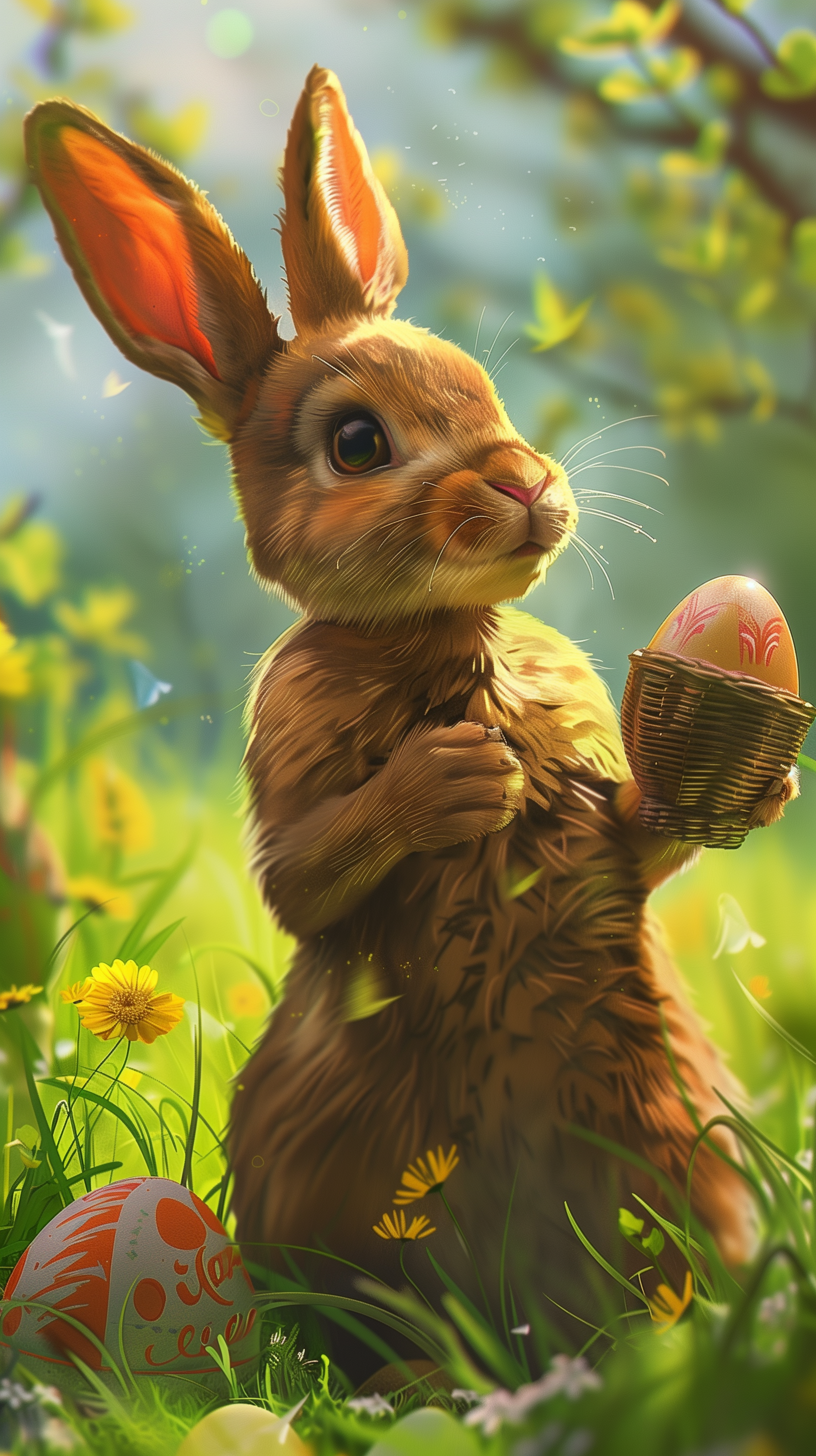 Phone wallpaper featuring a detailed illustration of the Easter bunny holding an egg in a lush, sunlit meadow.