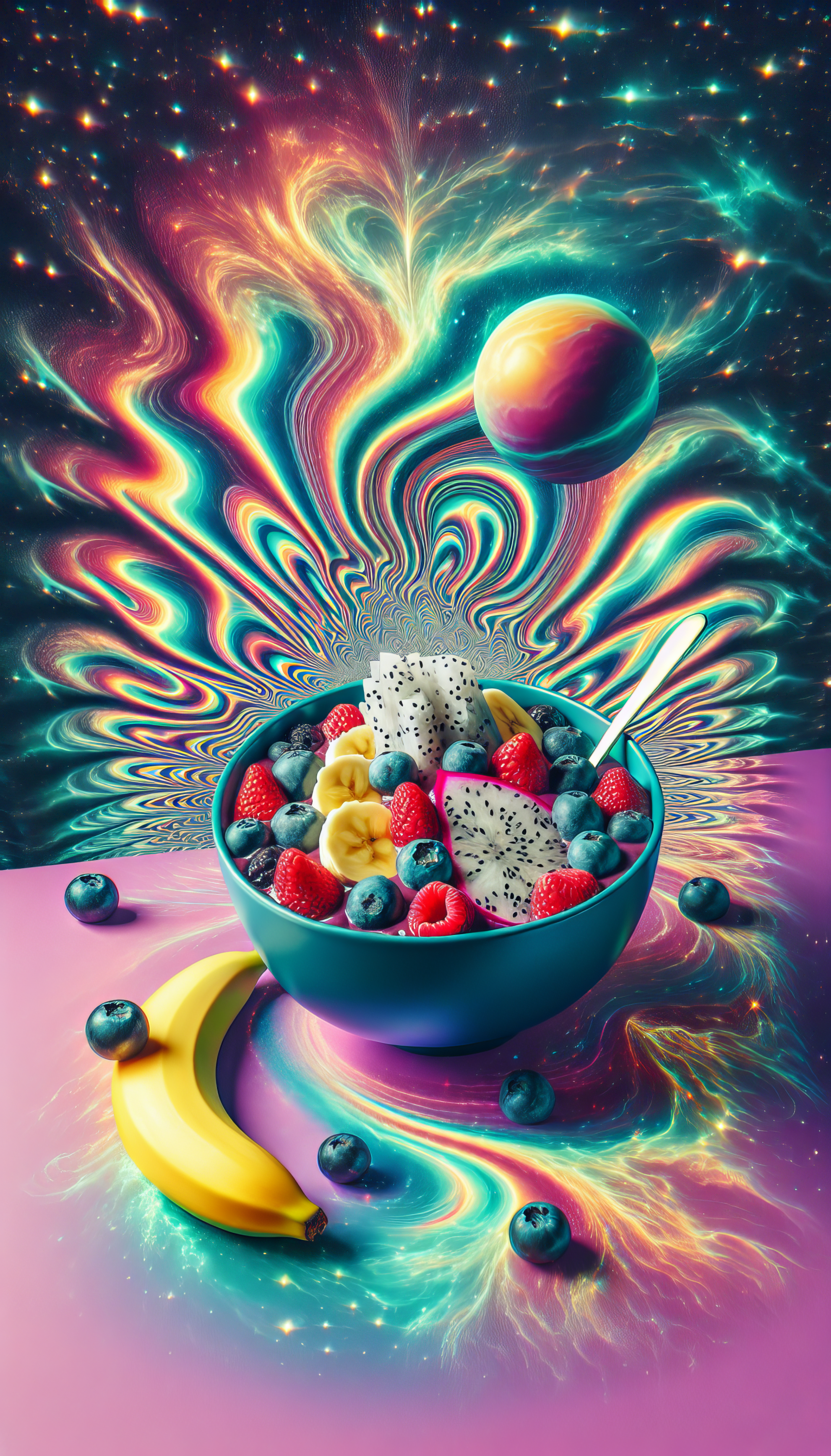 Colorful phone wallpaper featuring an acai bowl with fresh fruits on a vibrant cosmic background with swirling nebulas and floating planets.