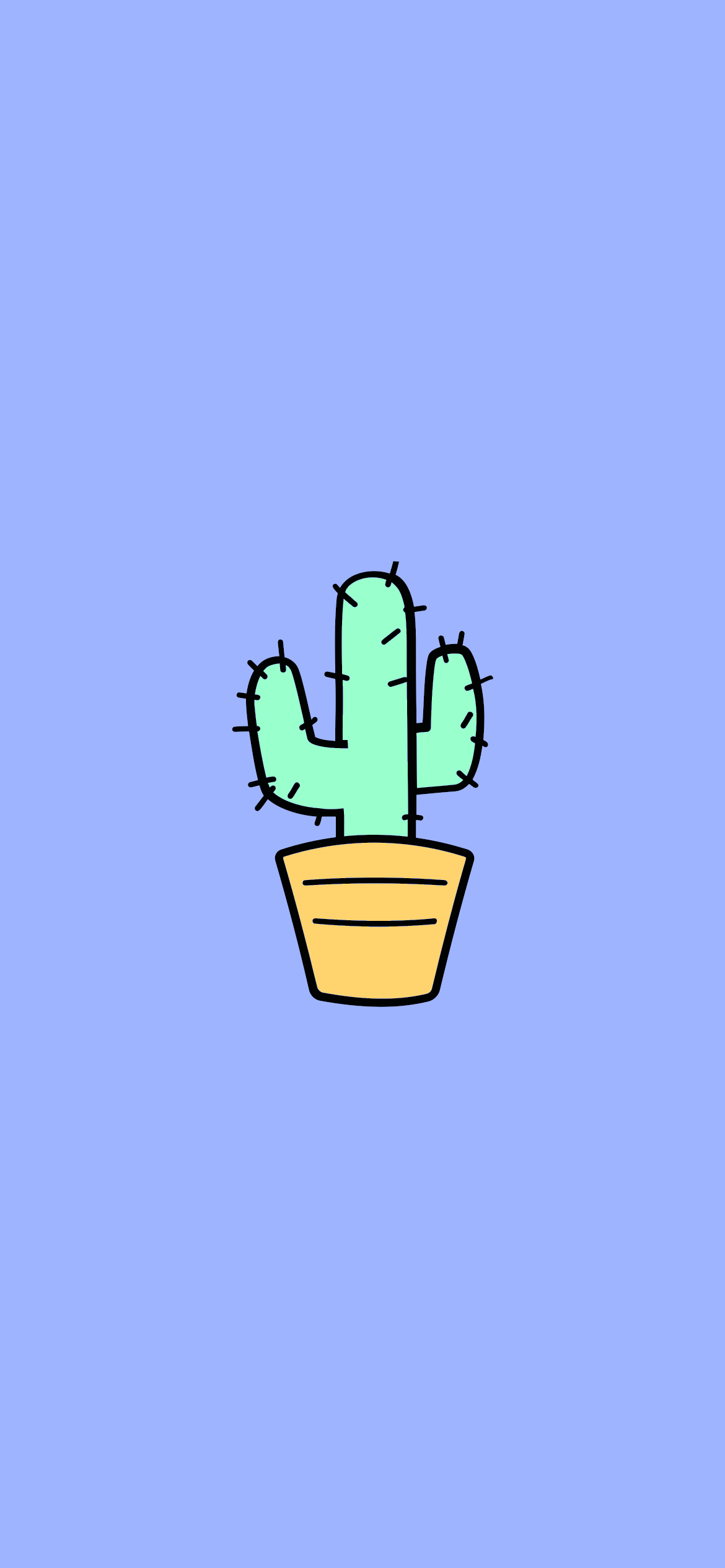 Illustration of a green cactus in a yellow pot on a purple background, designed as a phone wallpaper for both iPhone and Android devices.