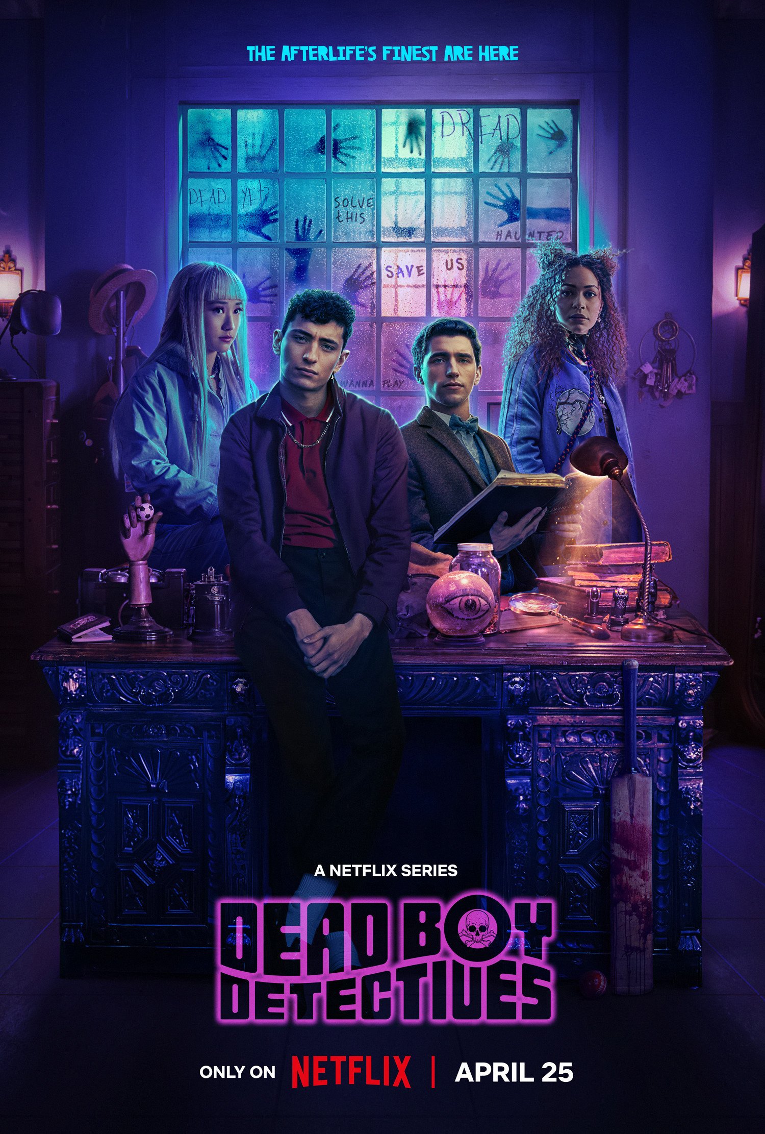 Phone wallpaper featuring the cast of Dead Boy Detectives in a moody, neon-lit setting, promoting the series premiere on Netflix, April 25.