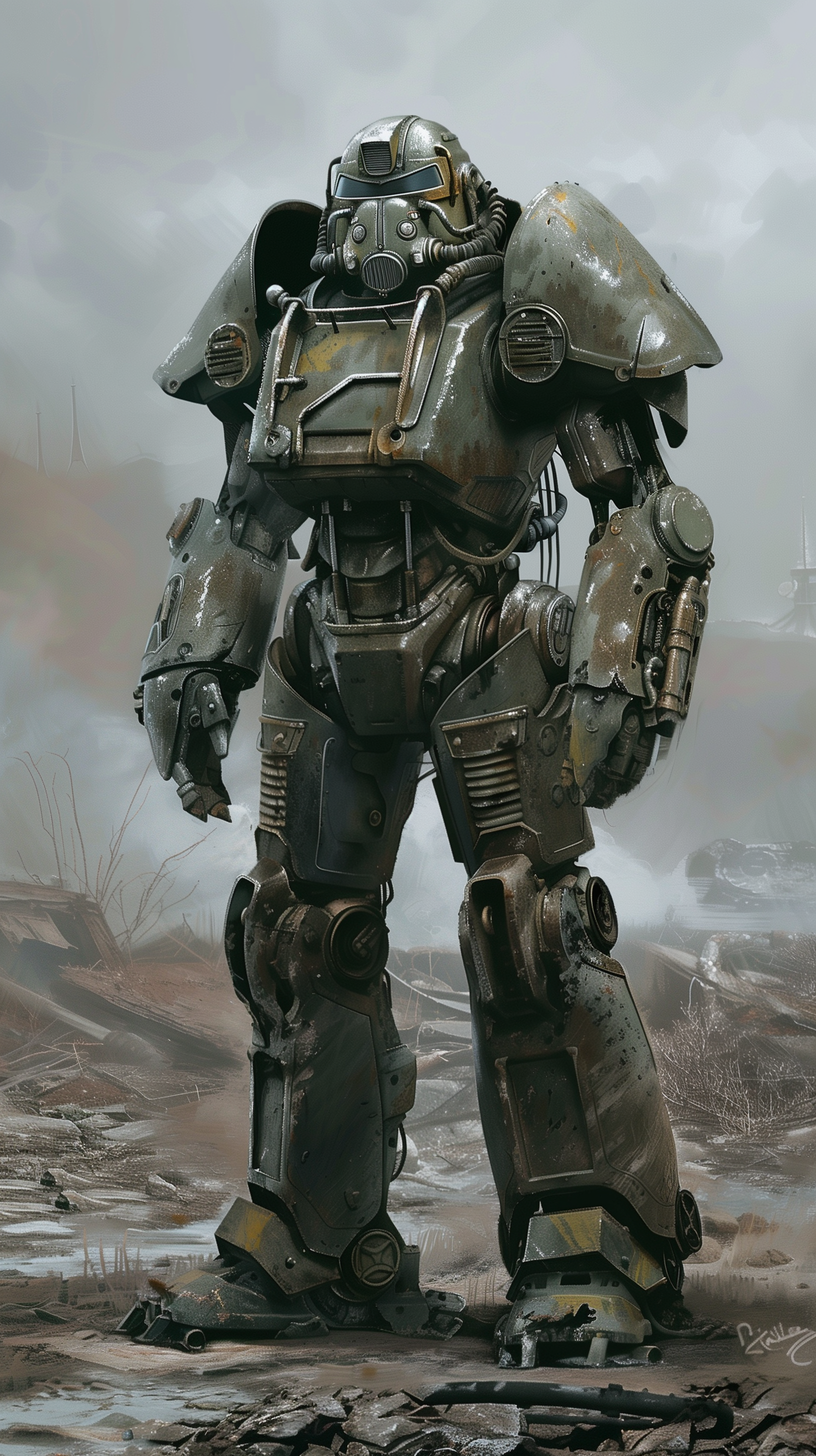 Phone wallpaper featuring the T-60 power armor from the video game Fallout, depicted standing in a desolate landscape.