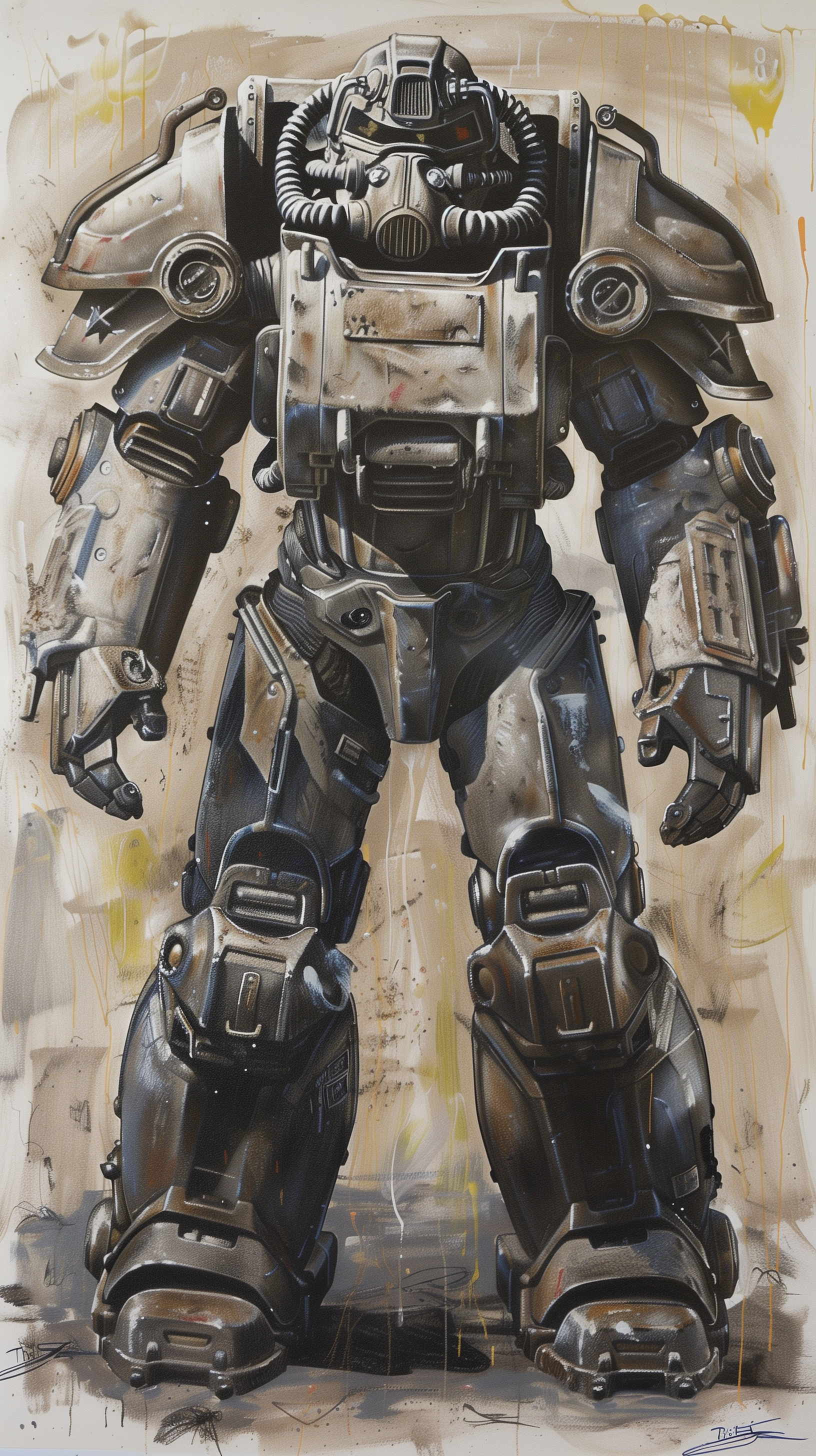 Phone wallpaper depicting the T-60 power armor from the video game Fallout, showcased in a dynamic, detailed painting.