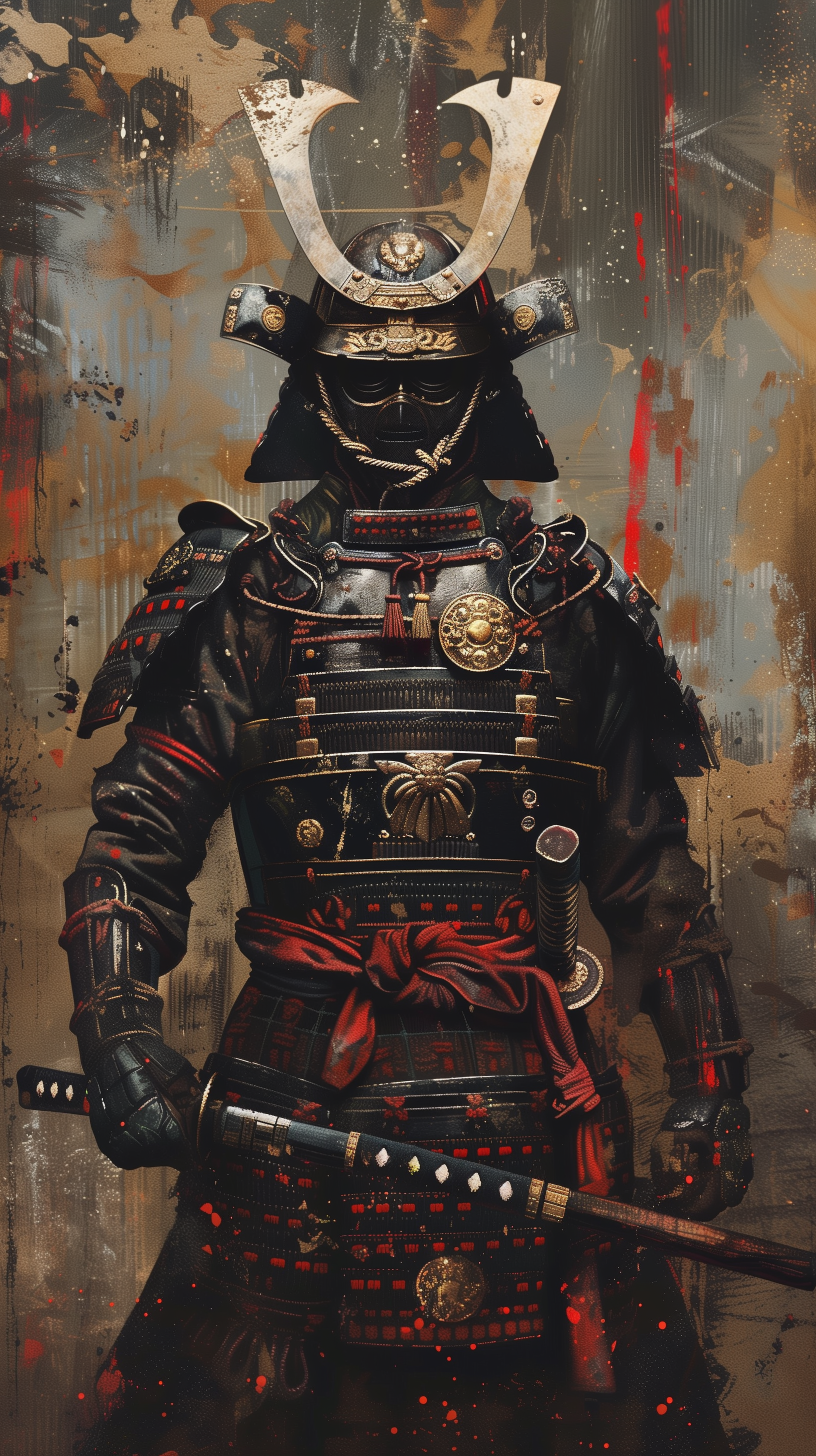 Phone wallpaper featuring a detailed illustration of a Japanese samurai in traditional armor, standing against a textured, abstract background.