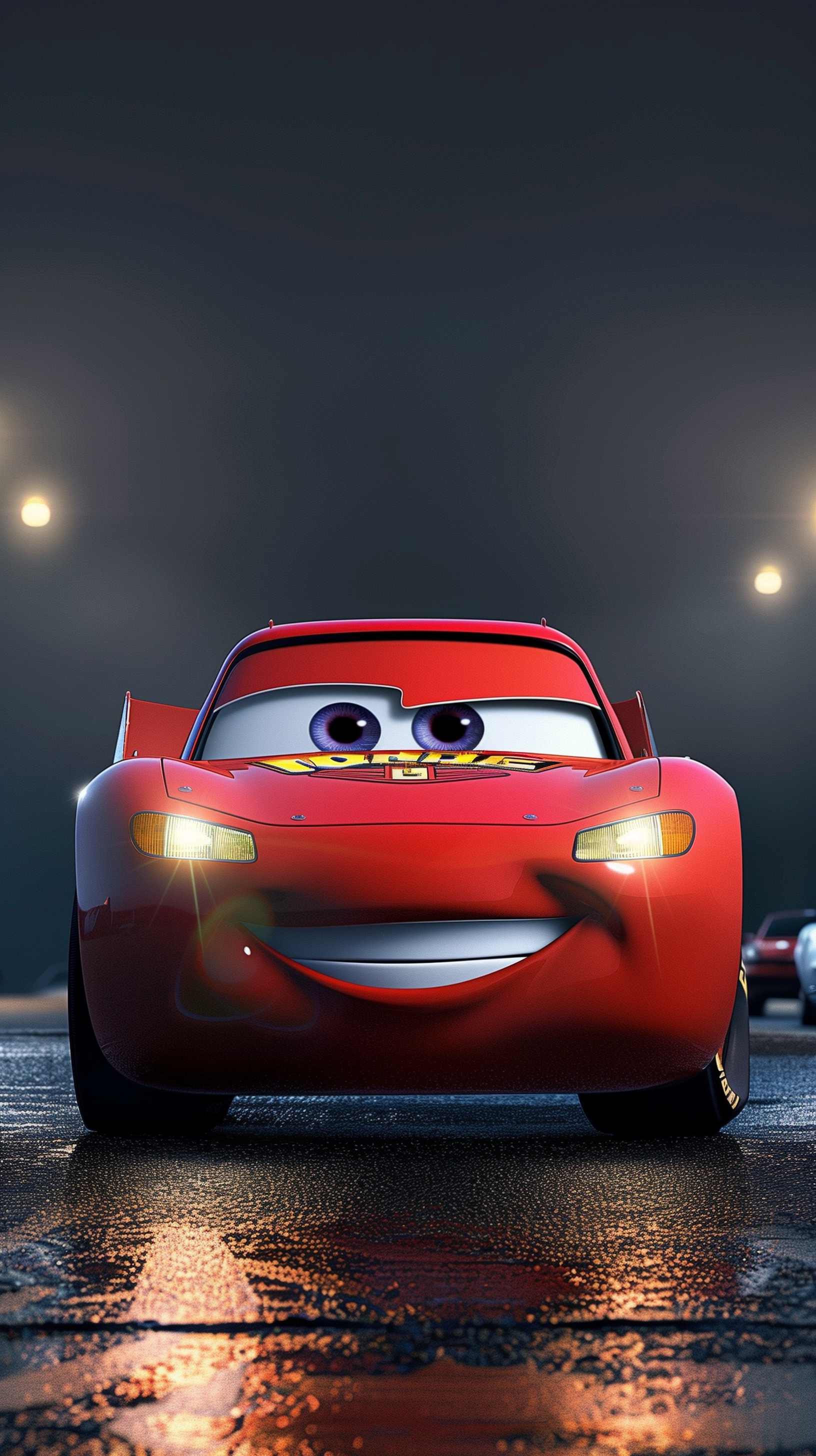Phone wallpaper featuring Lightning McQueen from Pixar's Cars, smiling on a rainy street under glowing streetlights.