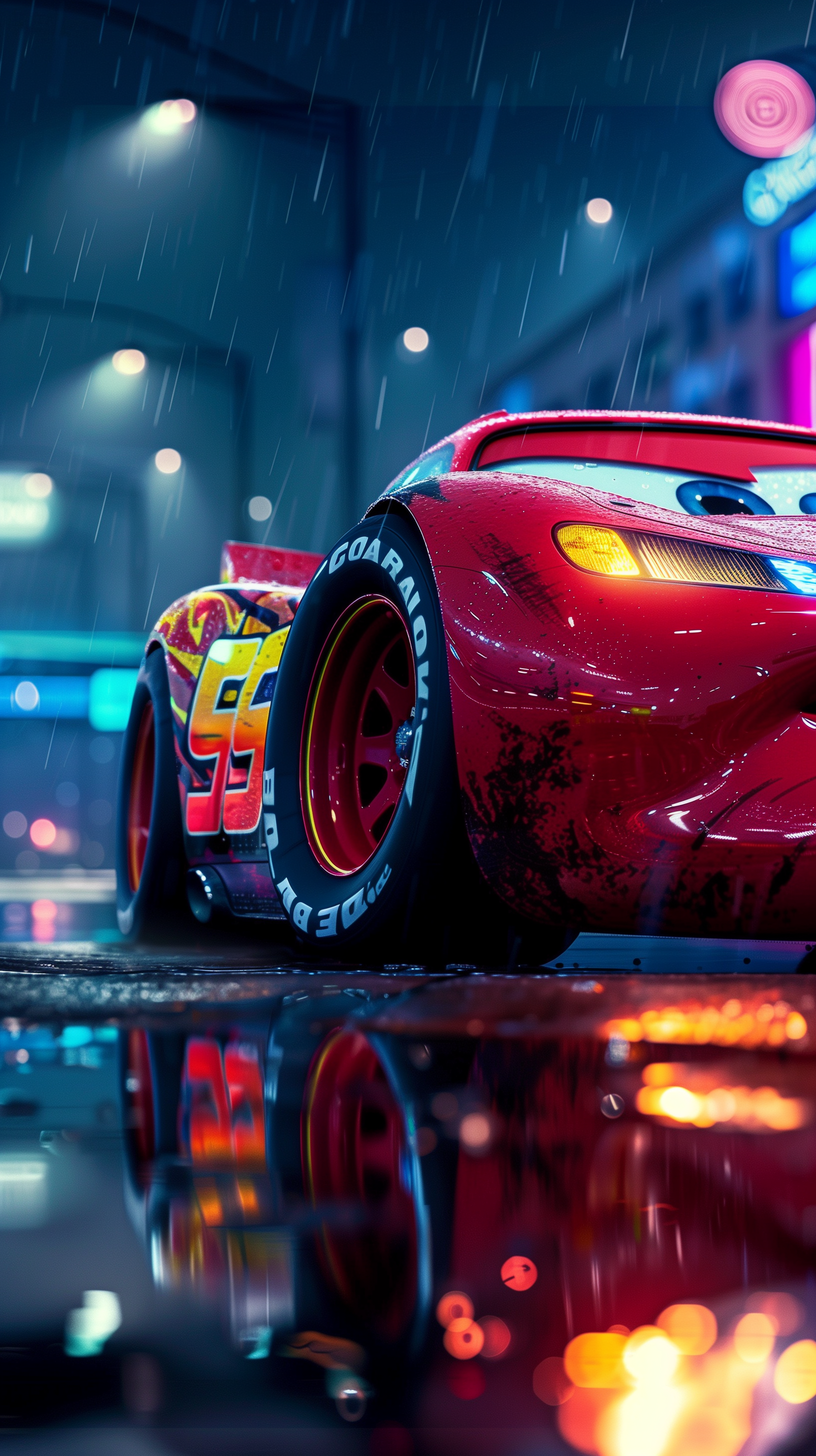Lightning McQueen from the movie Cars (Pixar) stands in the rain on a reflective street, captured in a vibrant, detailed phone wallpaper for iPhones and Android devices.