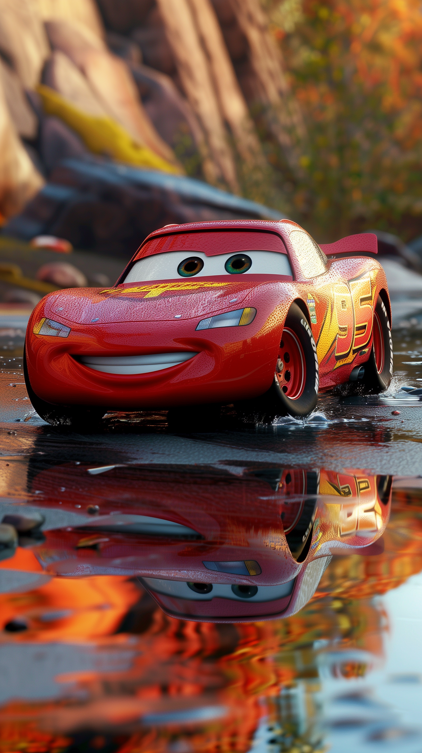 Phone wallpaper featuring Lightning McQueen from Pixar's Cars movie, depicted with a vibrant reflection on water in a scenic canyon setting.