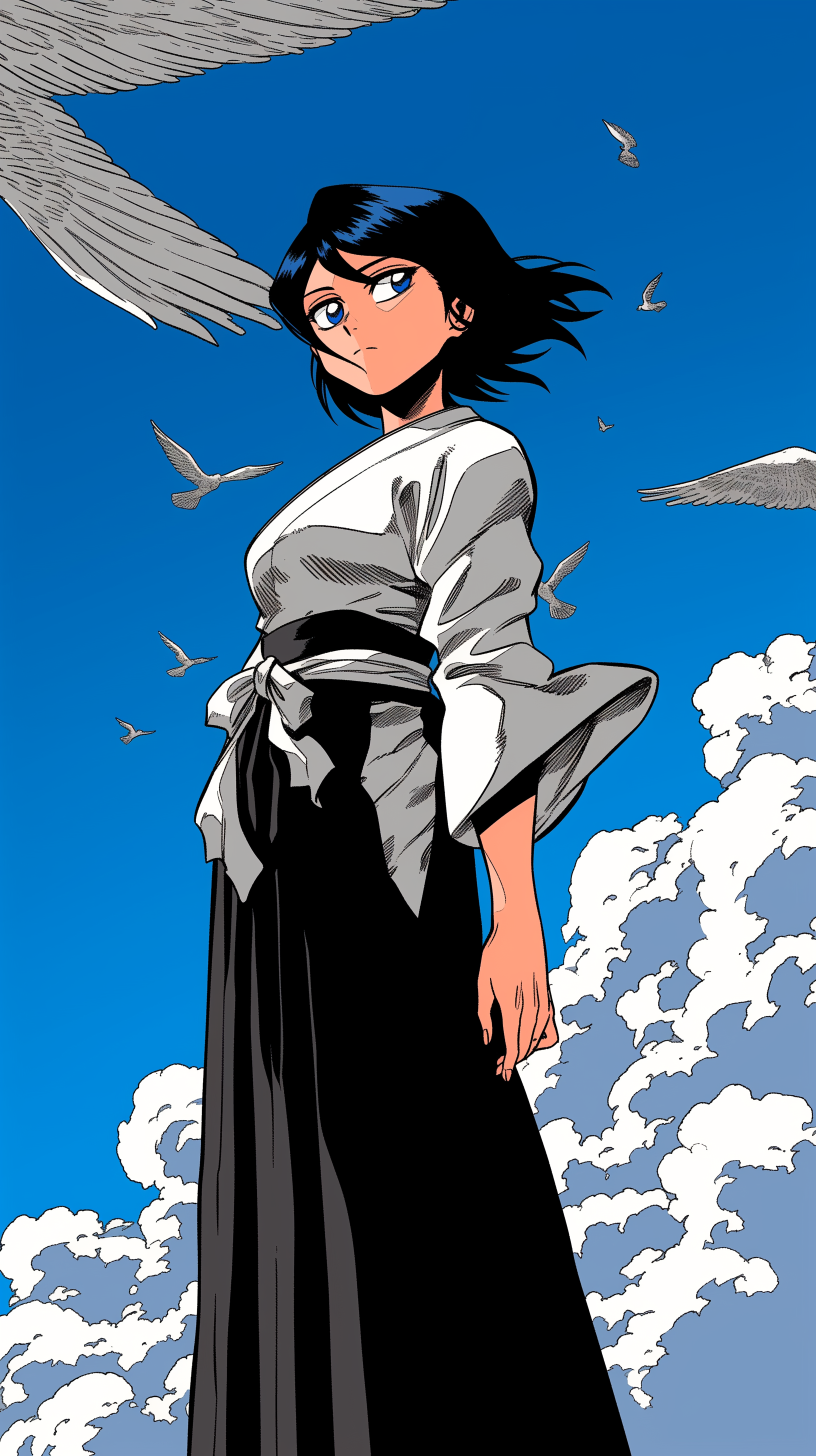 Anime phone wallpaper featuring Rukia Kuchiki from Bleach, depicted with a serious expression, standing against a sky background with flying white birds.