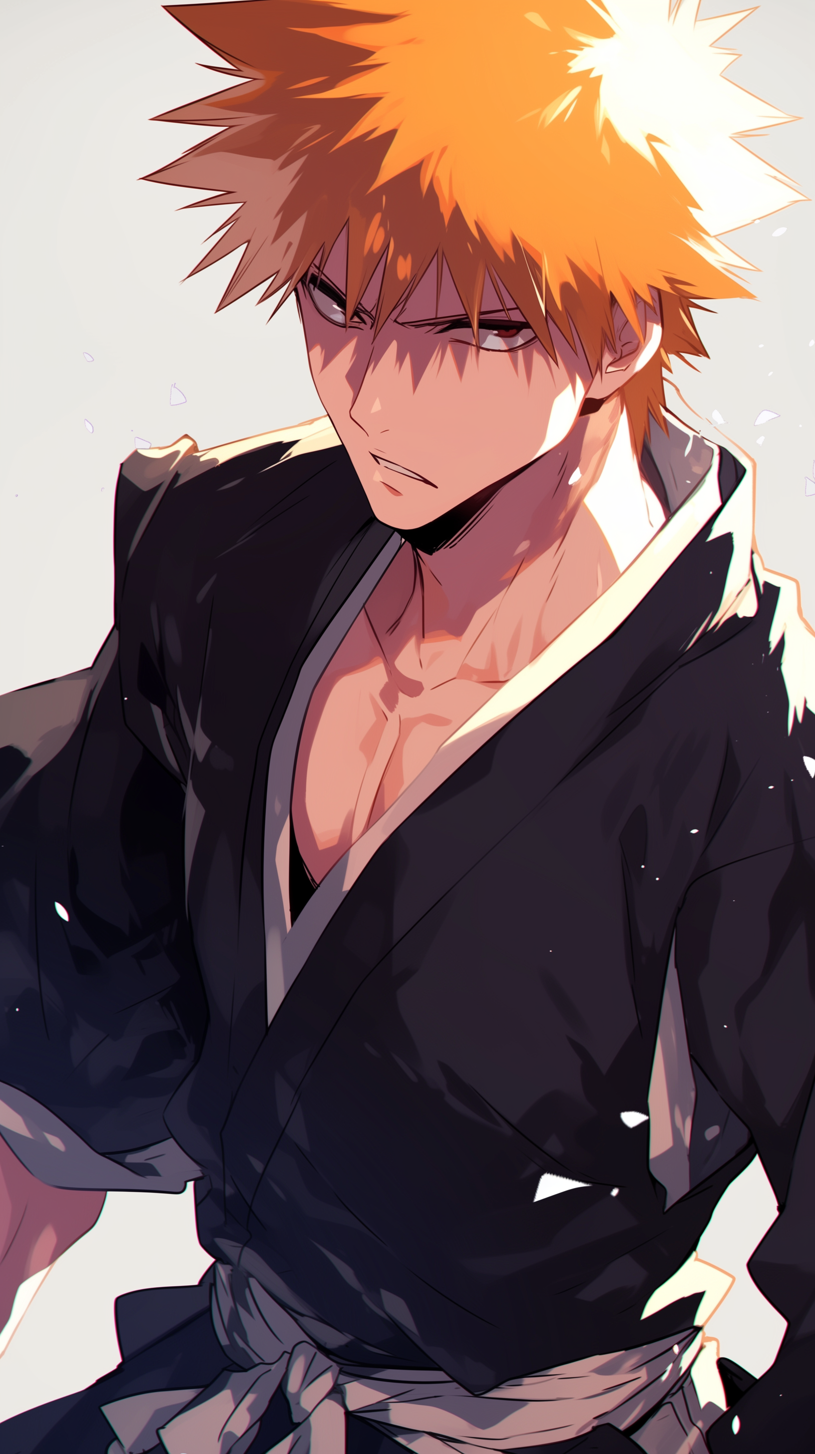 Anime phone wallpaper featuring Ichigo Kurosaki from Bleach, depicted in a dynamic pose with intense expression and traditional black combat attire.