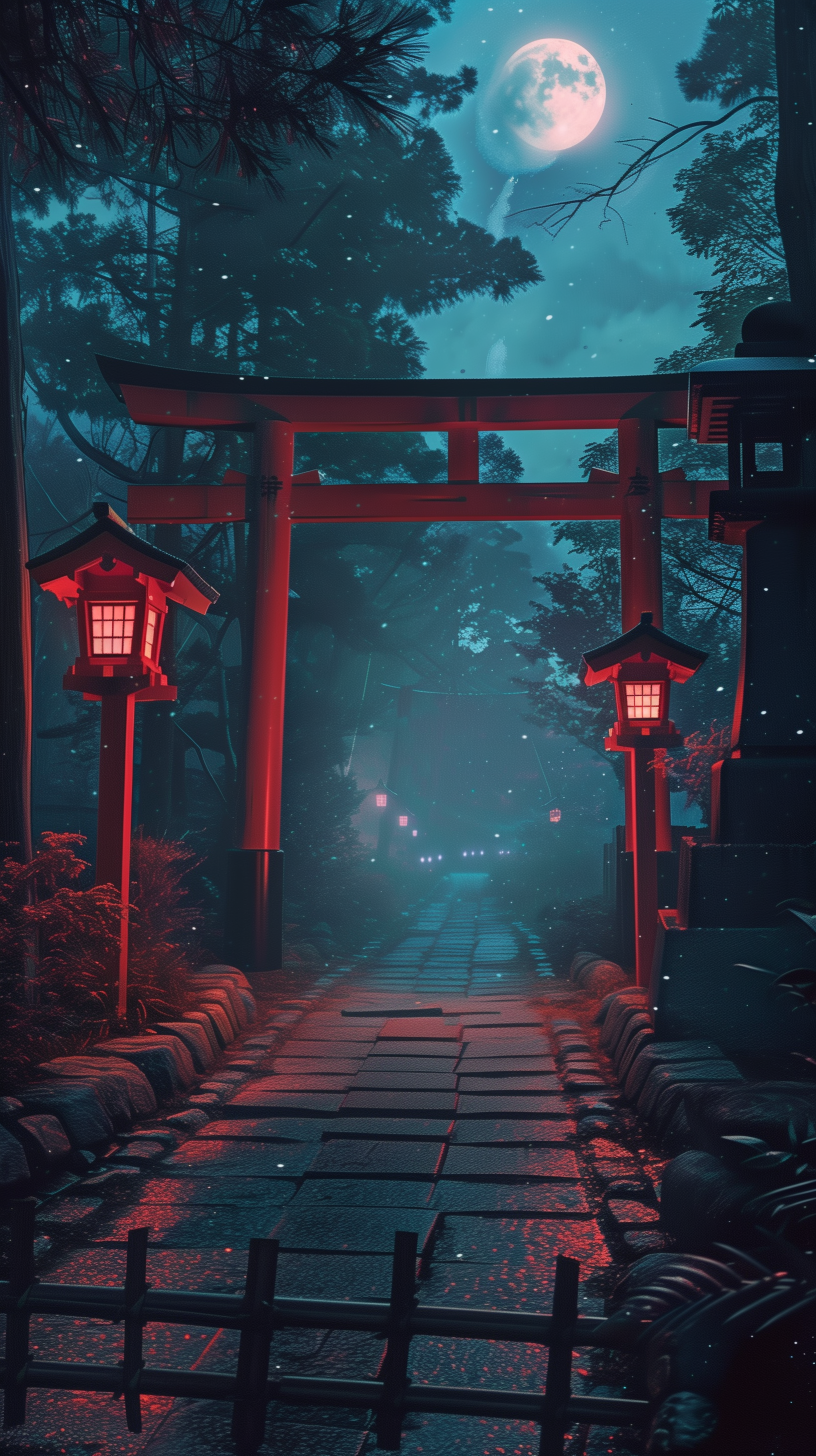 A serene night in Japan featuring a illuminated torii gate, surrounded by lush trees and glowing lanterns under a mystical moon. This enchanting scene makes a striking phone wallpaper.