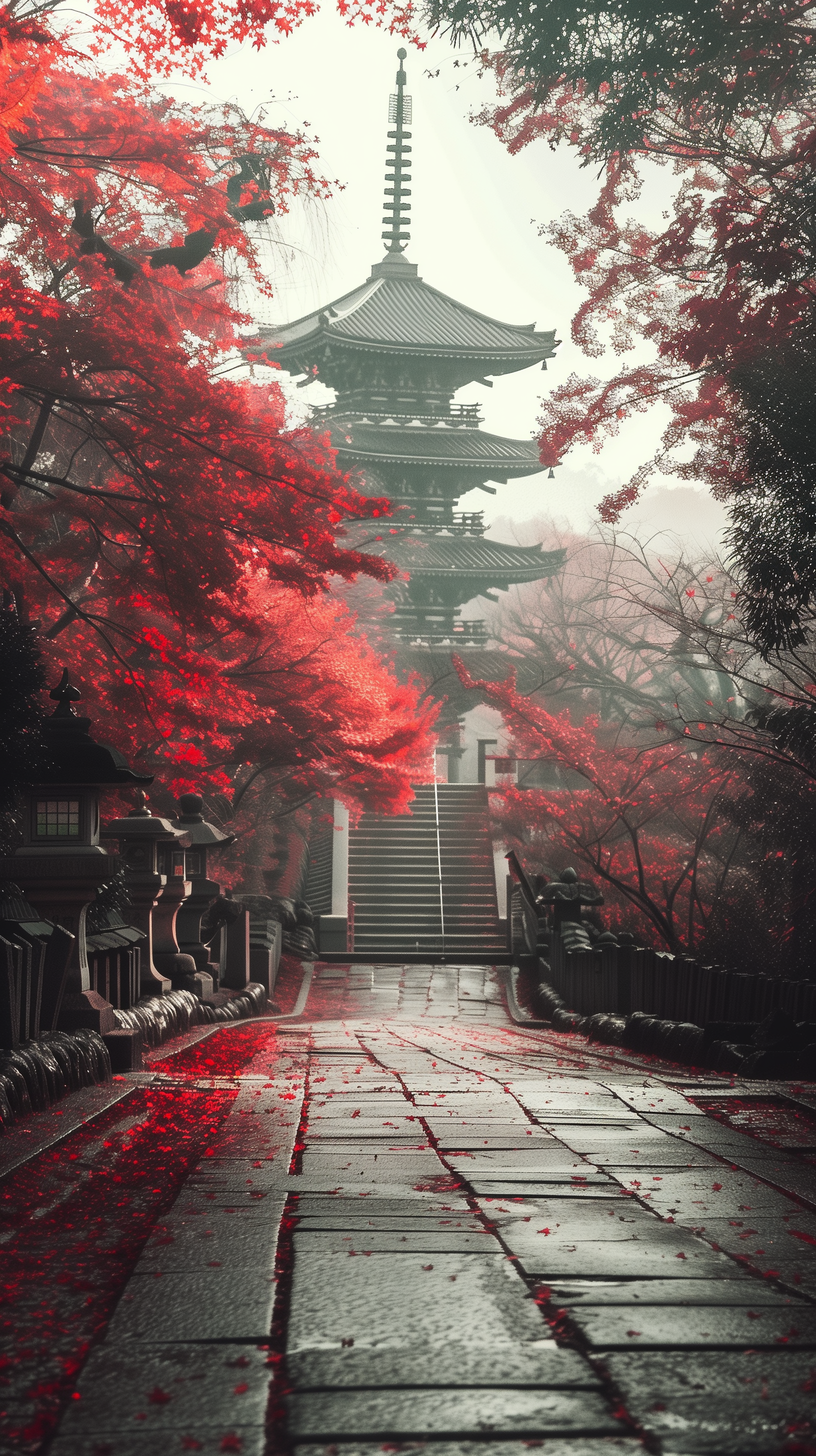 A serene pathway leads towards a traditional Japanese castle, framed by vibrant red autumn leaves and soft mist, creating a captivating phone wallpaper.