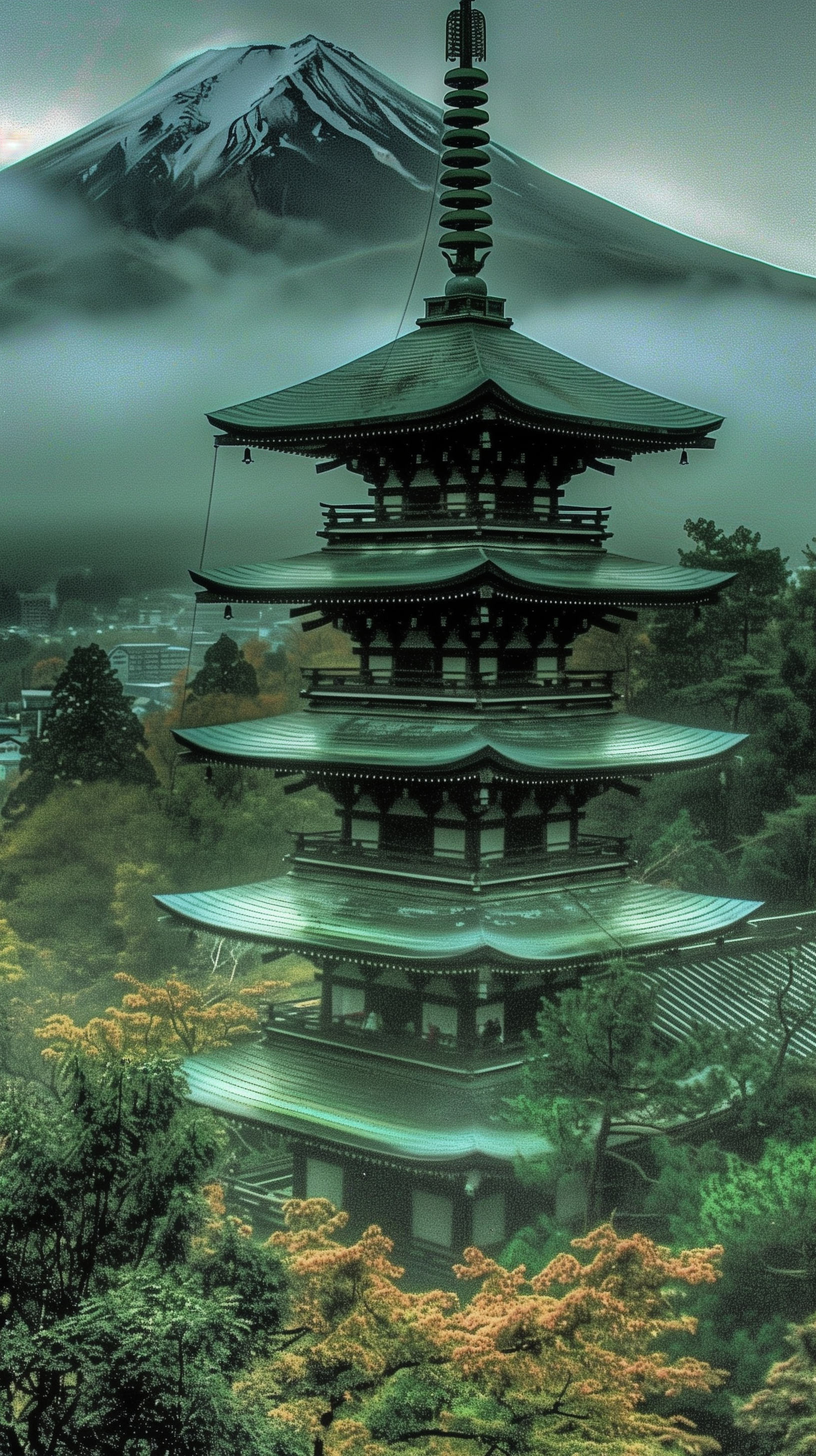Japanese castle and pagoda with misty Mount Fuji in the background, designed as a phone wallpaper.