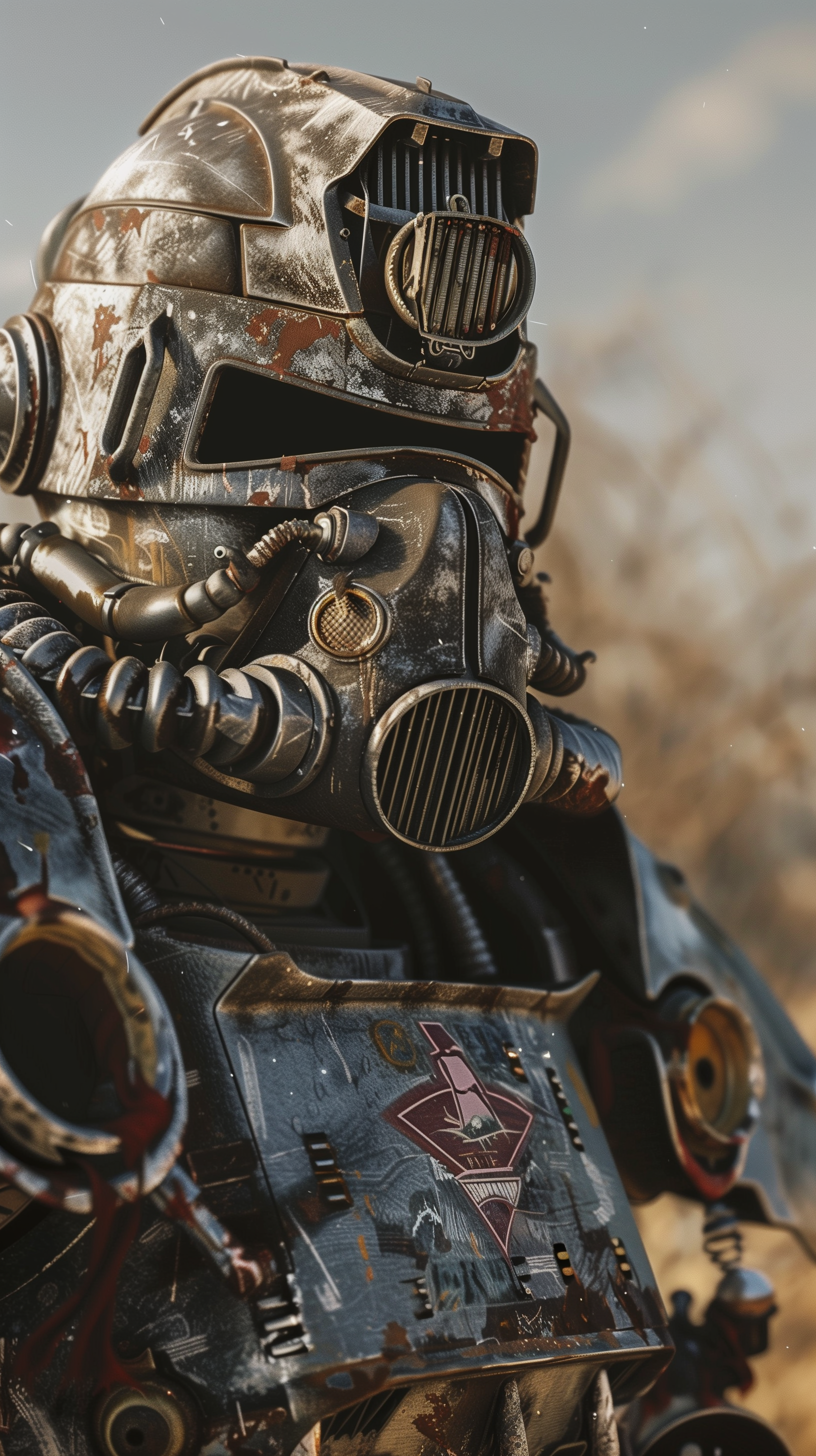 Phone wallpaper featuring a detailed close-up of a Brotherhood of Steel power armor helmet from the video game Fallout, set against a blurred background.