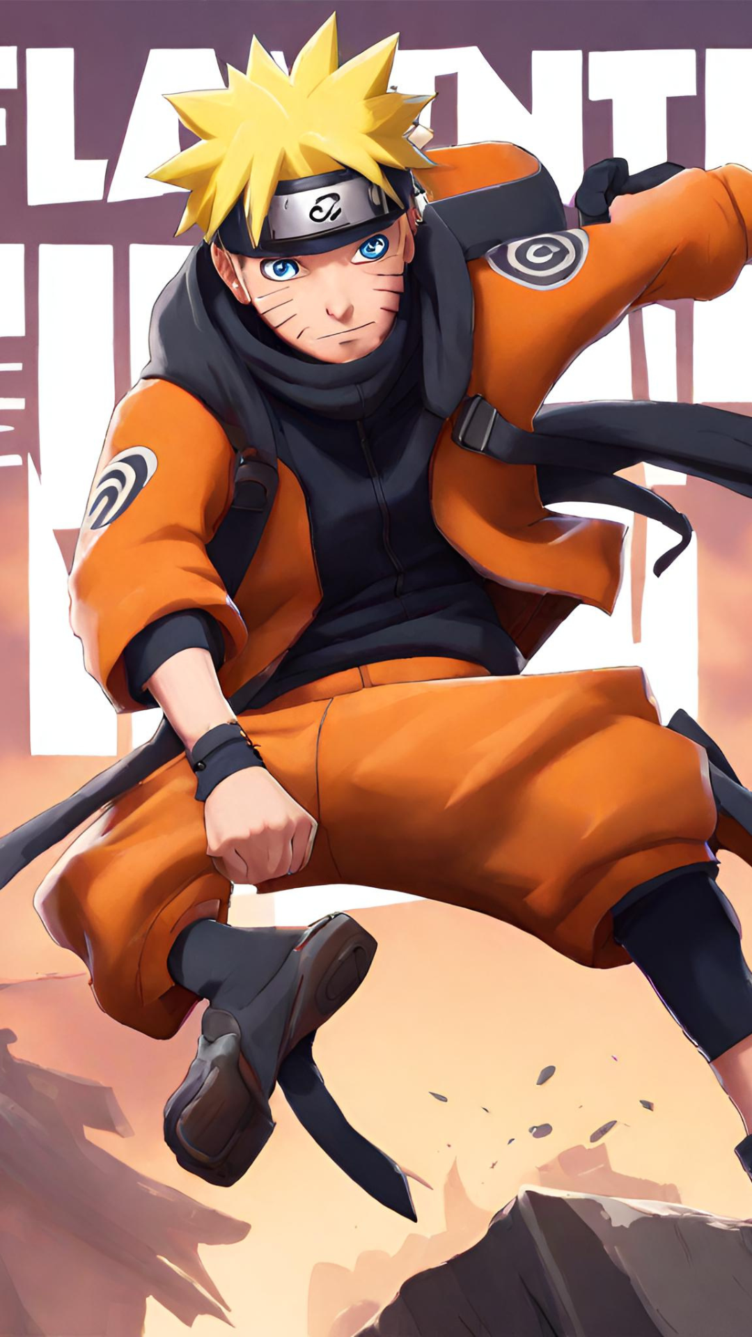 Phone wallpaper of Naruto Uzumaki, the ninja from the Naruto video game, in his iconic orange outfit with spiky blond hair and headband, posed dynamically against a light background.