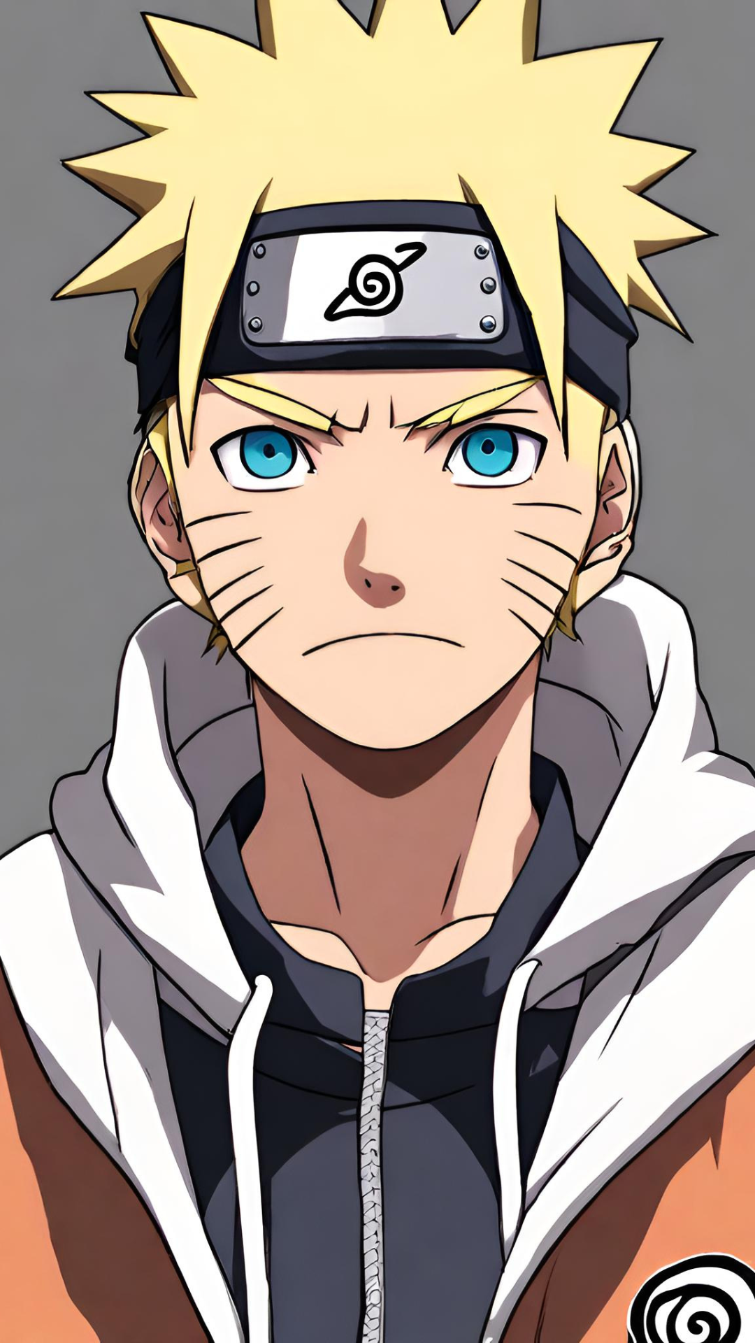Phone wallpaper of Naruto Uzumaki with blue eyes and spiky blonde hair, wearing a headband and hoodie, designed for both iPhones and Android devices.