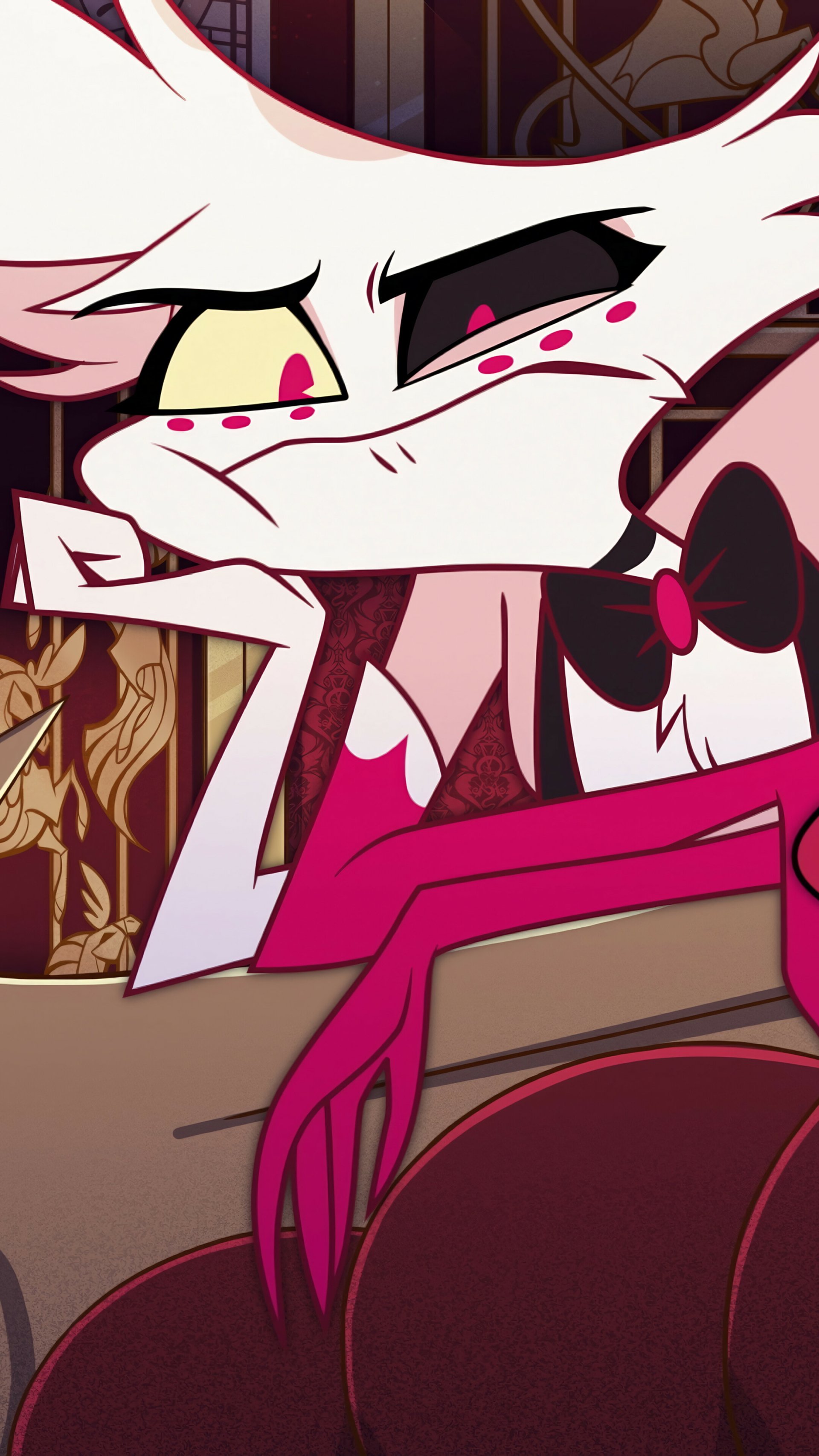 Phone wallpaper featuring Angel Dust from the TV show Hazbin Hotel, depicted in a stylish pose with a confident expression.