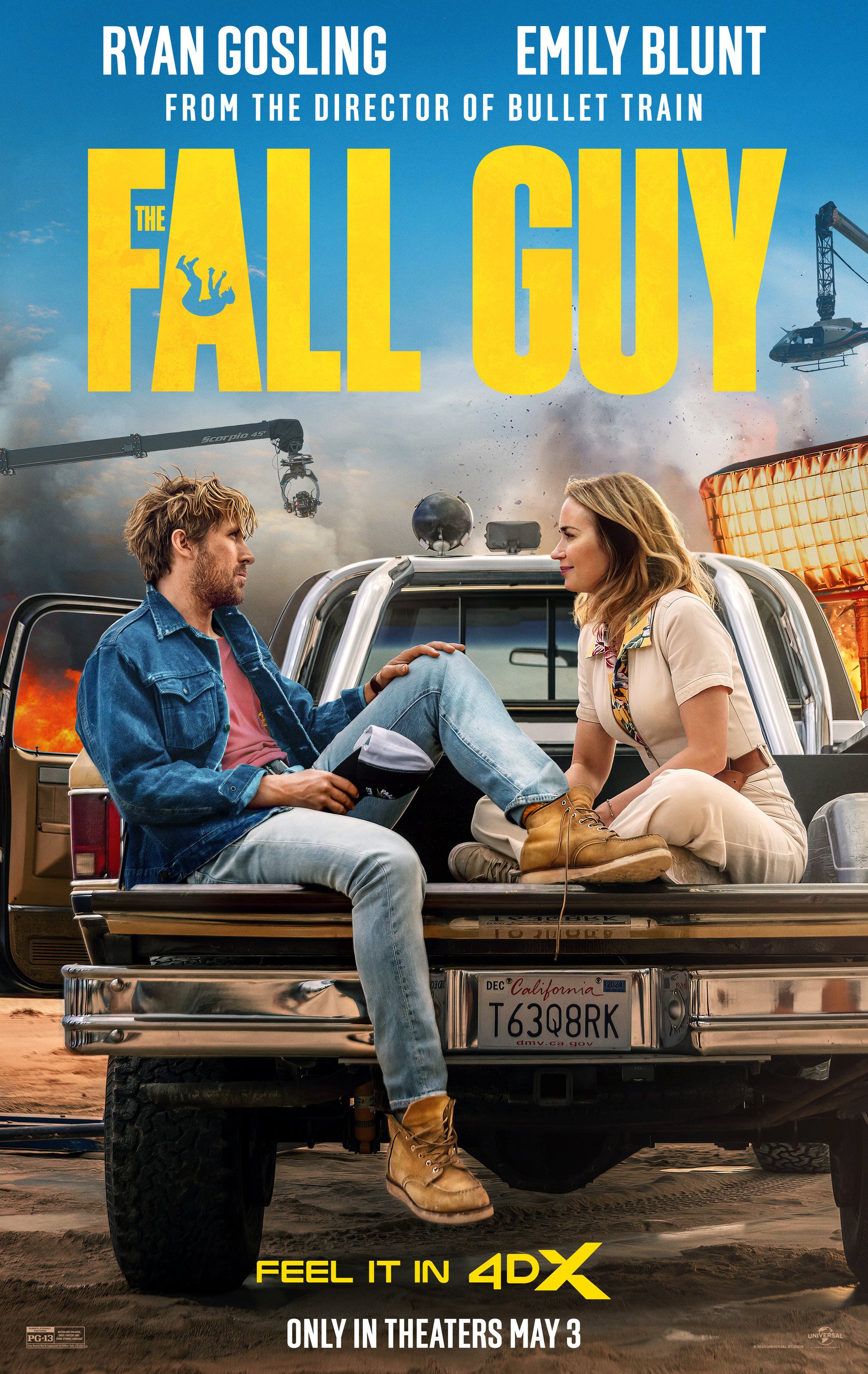 Movie poster of The Fall Guy featuring Ryan Gosling and Emily Blunt seated on a vintage car, with explosive action in the background, designed as a phone wallpaper.