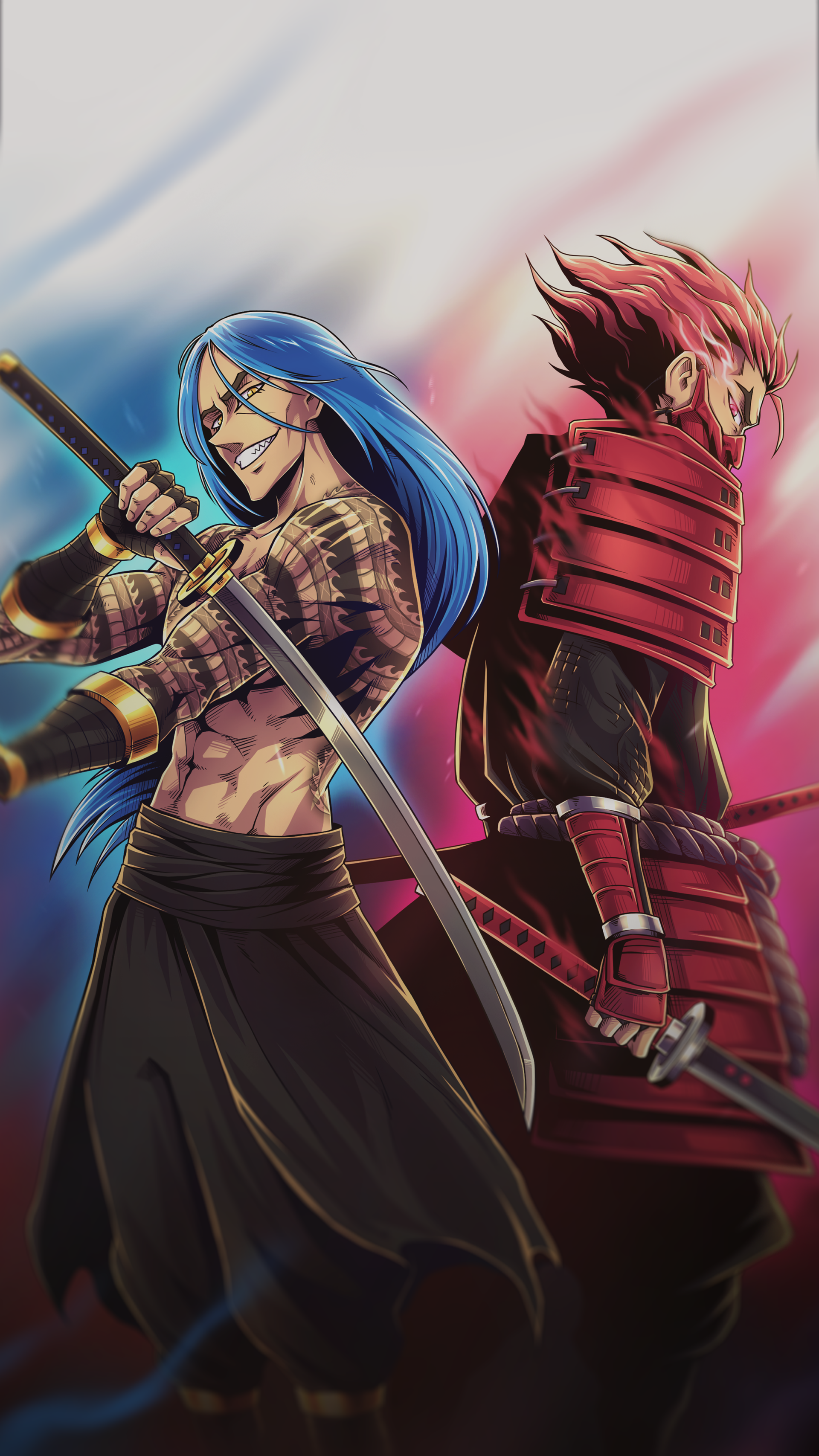 Phone wallpaper: two stylized samurai back-to-back—blue-haired swordsman and red-armored warrior—Valorant esports artwork for Leviatán (Esports), video game-themed design.