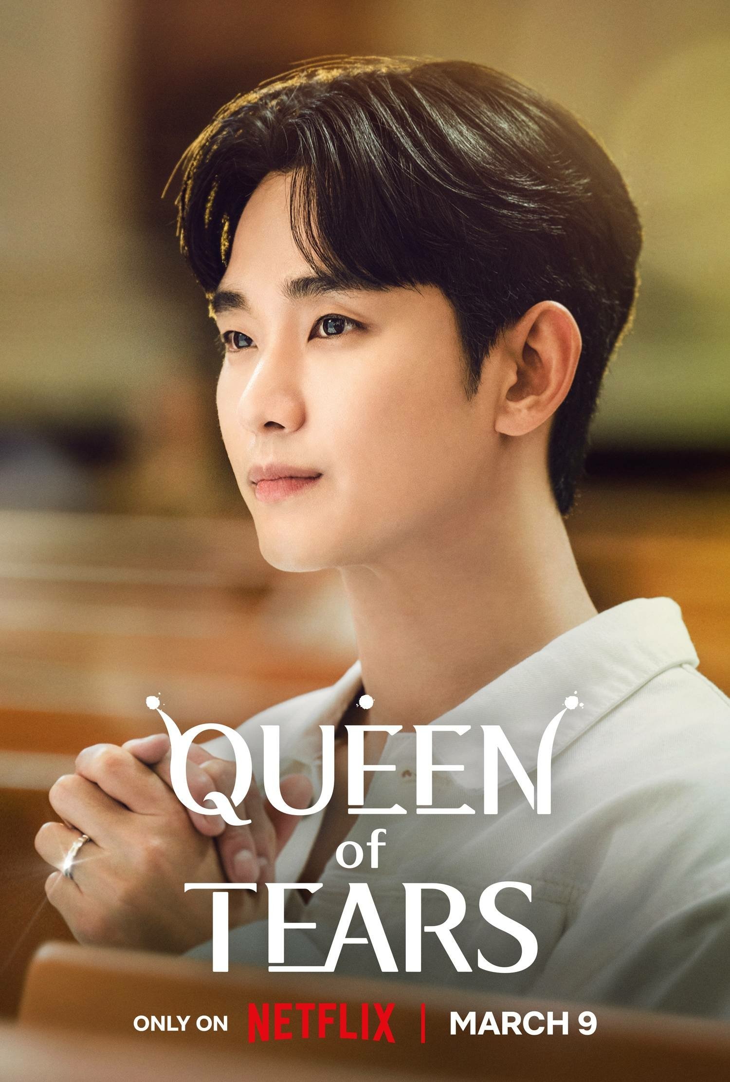 Promotional wallpaper for Queen of Tears, featuring a thoughtful young man, set to premiere on Netflix March 9.