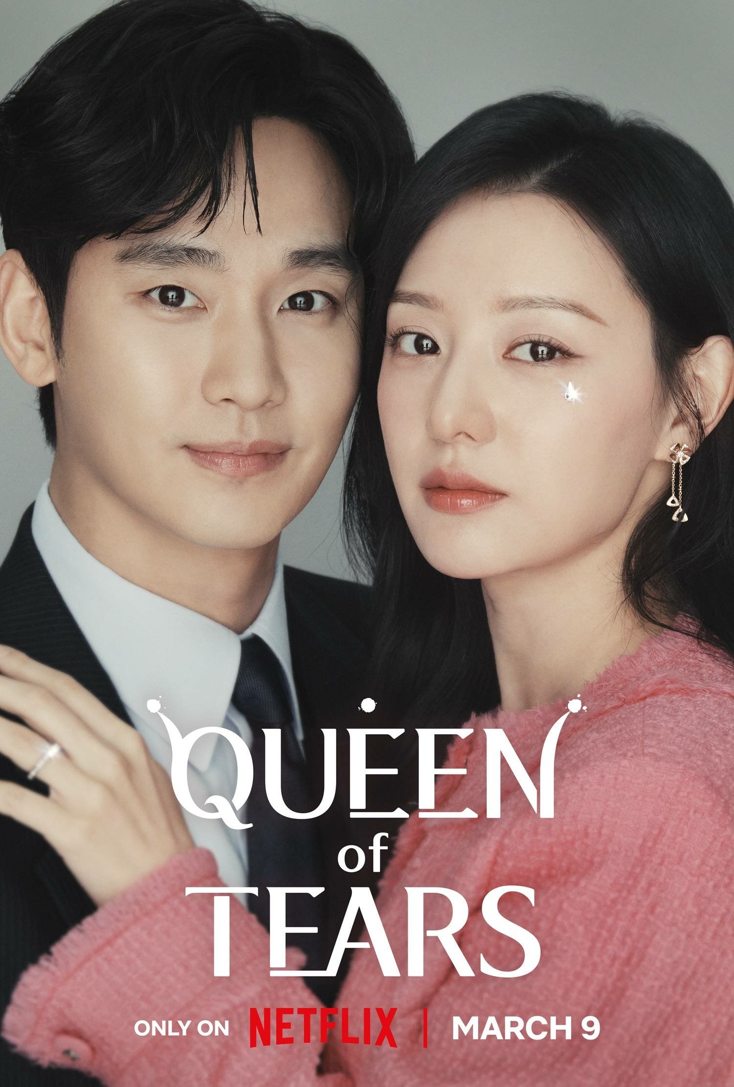 Phone wallpaper featuring a promotional image for the TV show Queen of Tears on Netflix, depicting a man and a woman closely posing together, available from March 9.