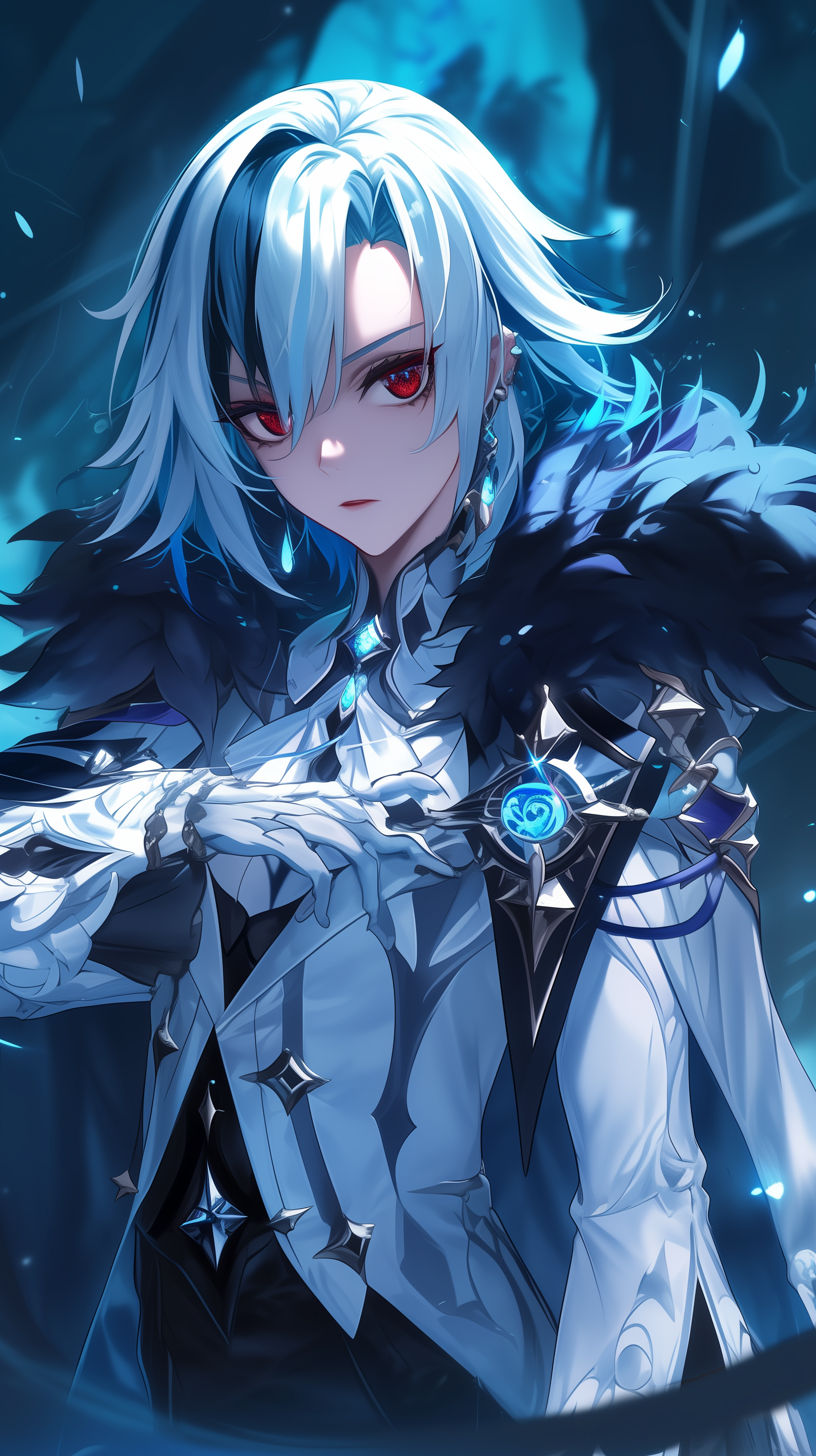 A phone wallpaper featuring Arlecchino from Genshin Impact, depicted with silver hair and a blue, ornate outfit, against a dynamic blue background.