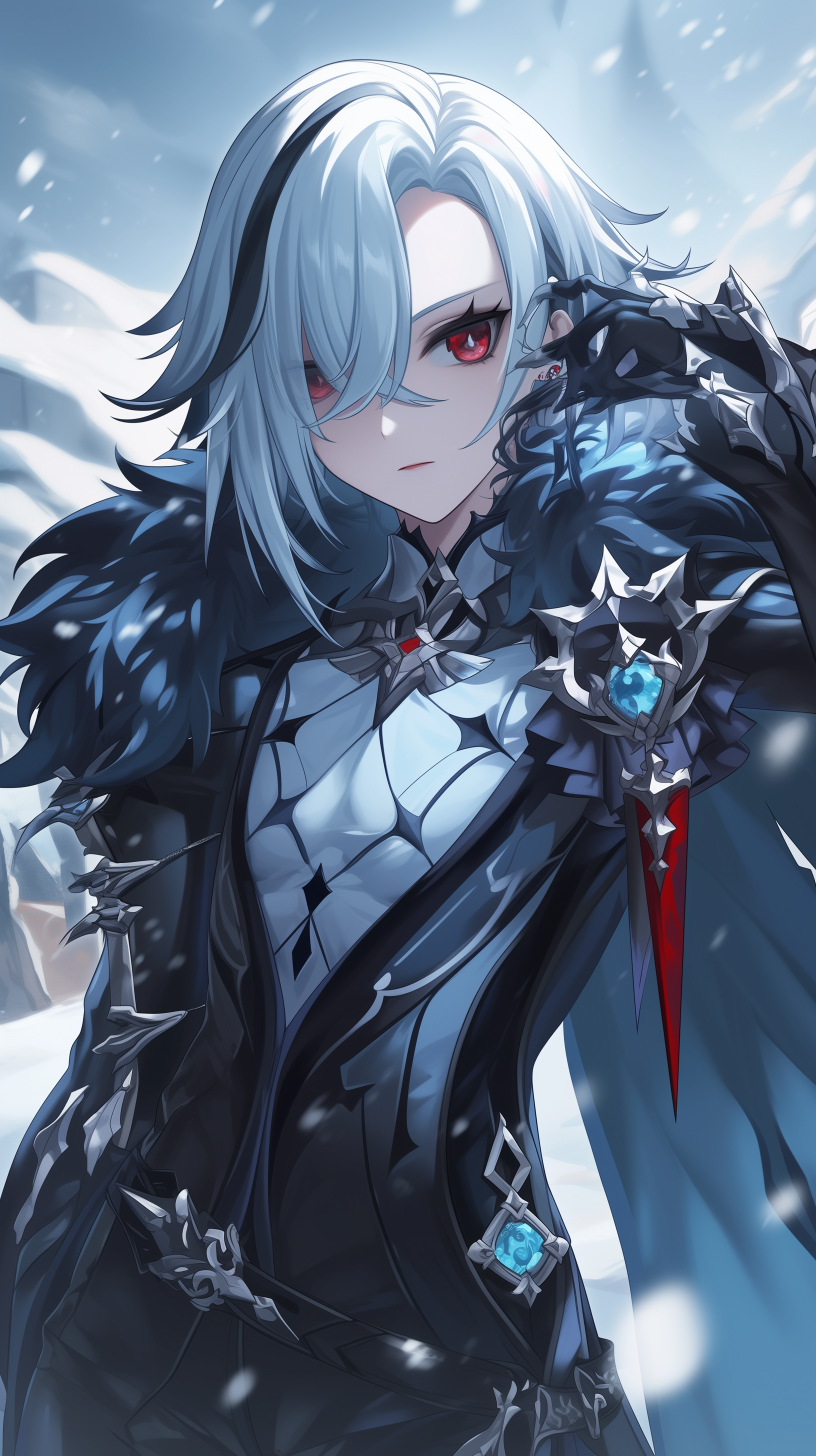 Phone wallpaper depicting Arlecchino from Genshin Impact, featuring the character in a striking pose with a snowy background and wearing a dark, feathered outfit.