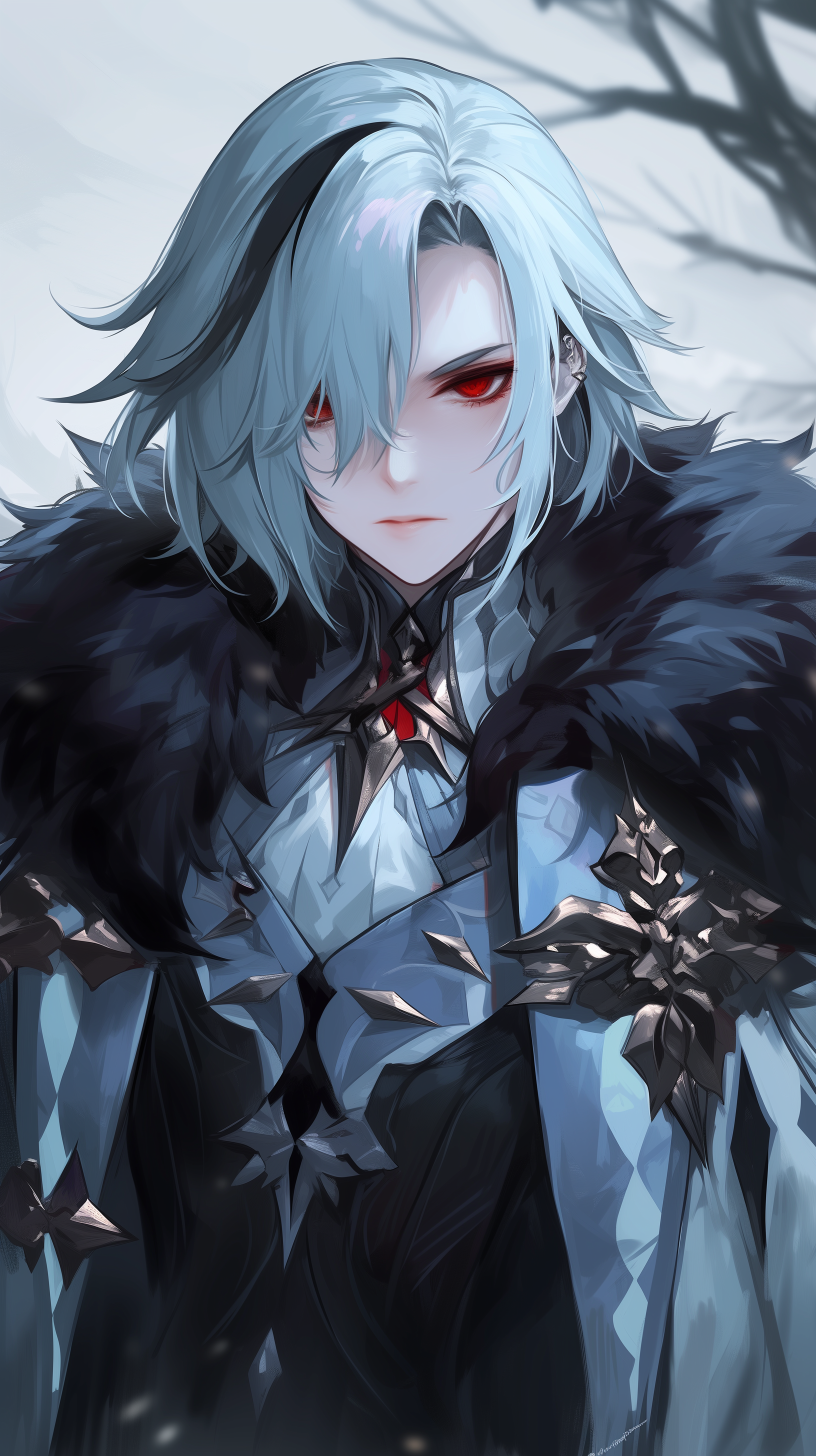 Phone wallpaper featuring Arlecchino from Genshin Impact, depicted with silver hair, red eyes, and a dark ornate outfit against a misty backdrop.