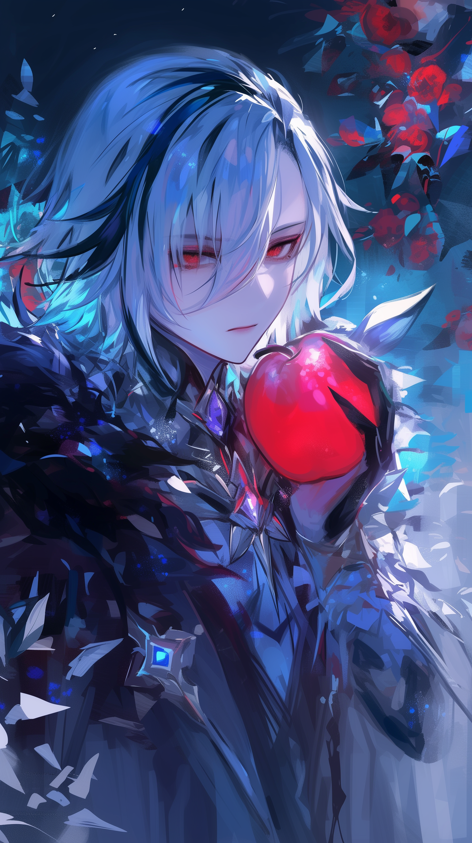 Wallpaper featuring Arlecchino from Genshin Impact, depicted with striking silver hair and red eyes, holding a red apple amidst a mystical blue and crimson backdrop.