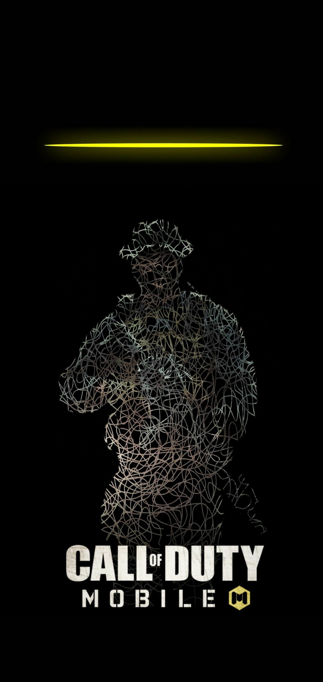 A mobile phone wallpaper featuring a wireframe solider silhouette with a yellow overhead light, and Call of Duty Mobile logo at the bottom, set against a black background.