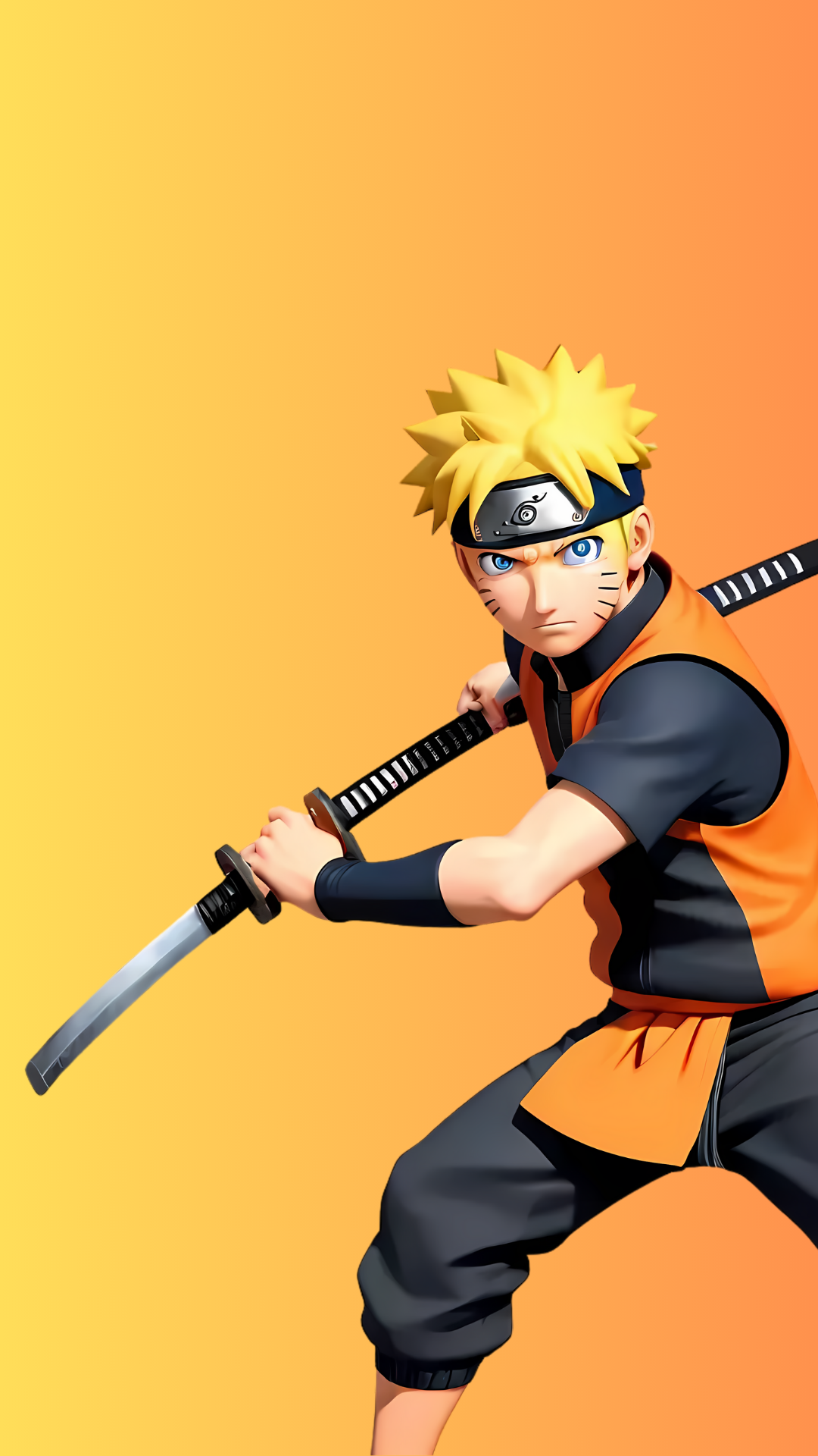 Phone wallpaper featuring Naruto from the anime, holding a katana against a gradient orange background, compatible with both iPhones and Android phones.