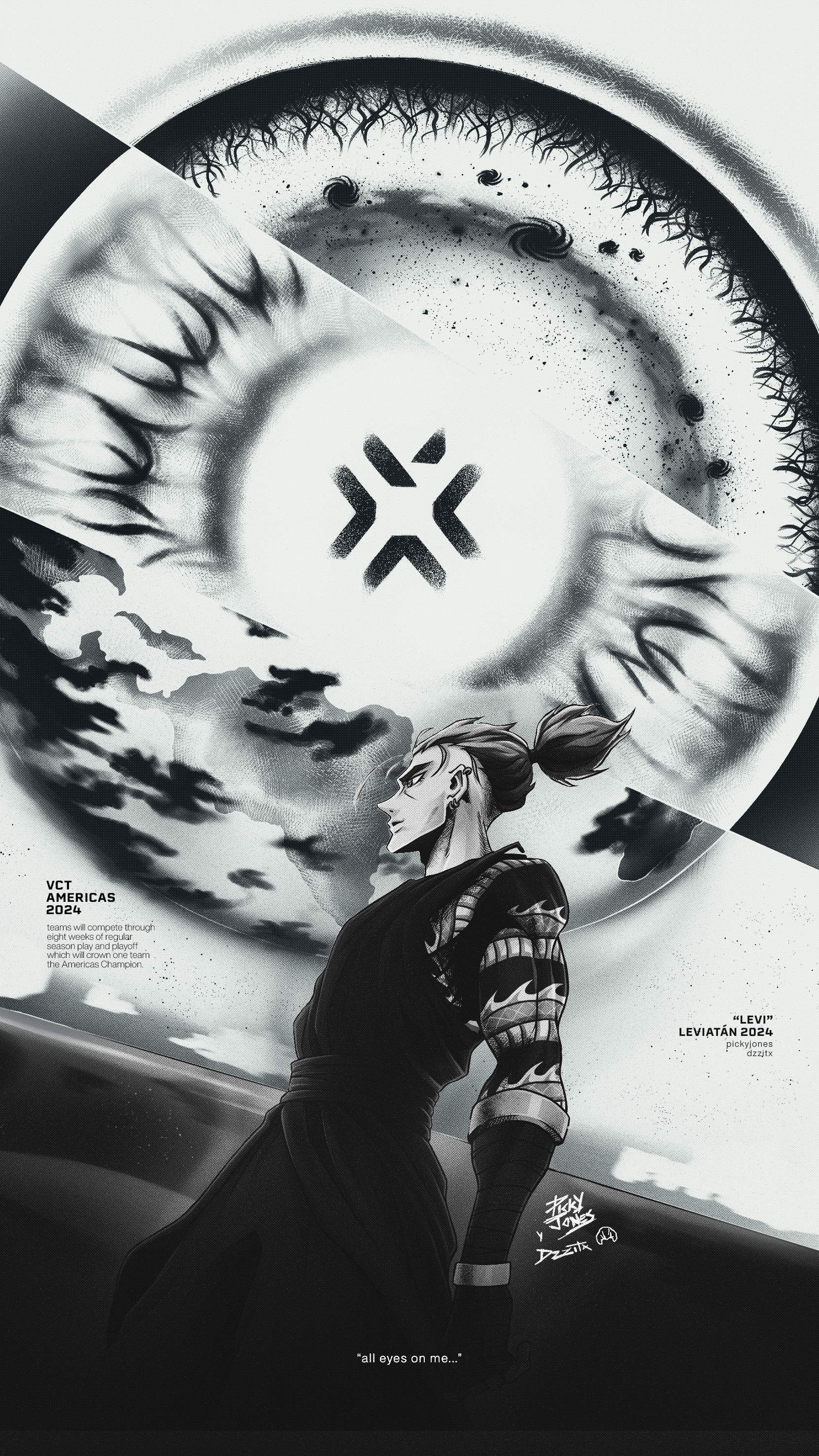 Monochrome Leviatán esports-themed phone wallpaper featuring a focused character beneath a large stylized eye symbol, blending video game art with dynamic, dramatic elements for iPhone and Android.