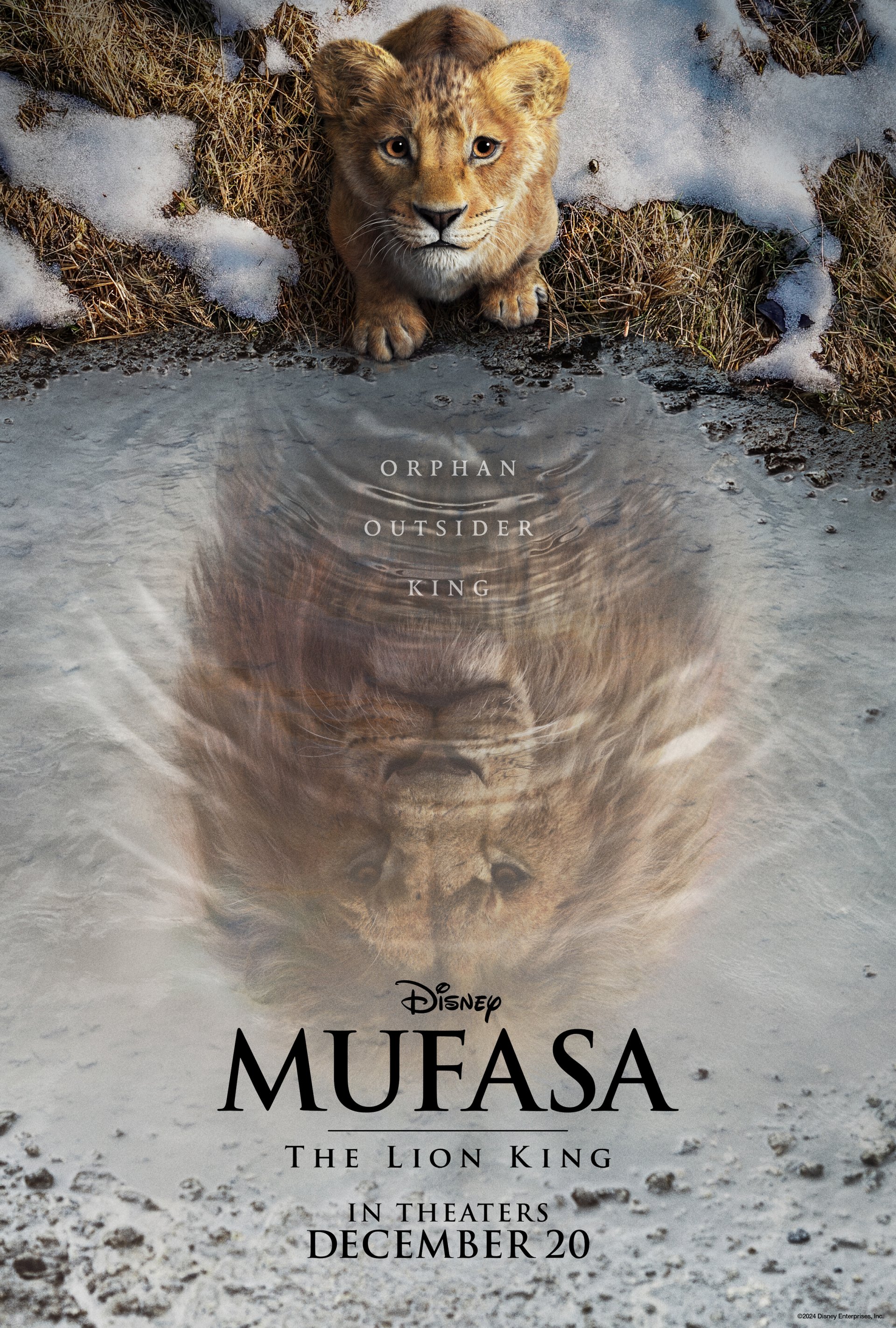 Phone wallpaper featuring a young Simba from Disney's Mufasa: The Lion King, with a majestic reflection of adult Mufasa below, promoting the movie's release on December 20.