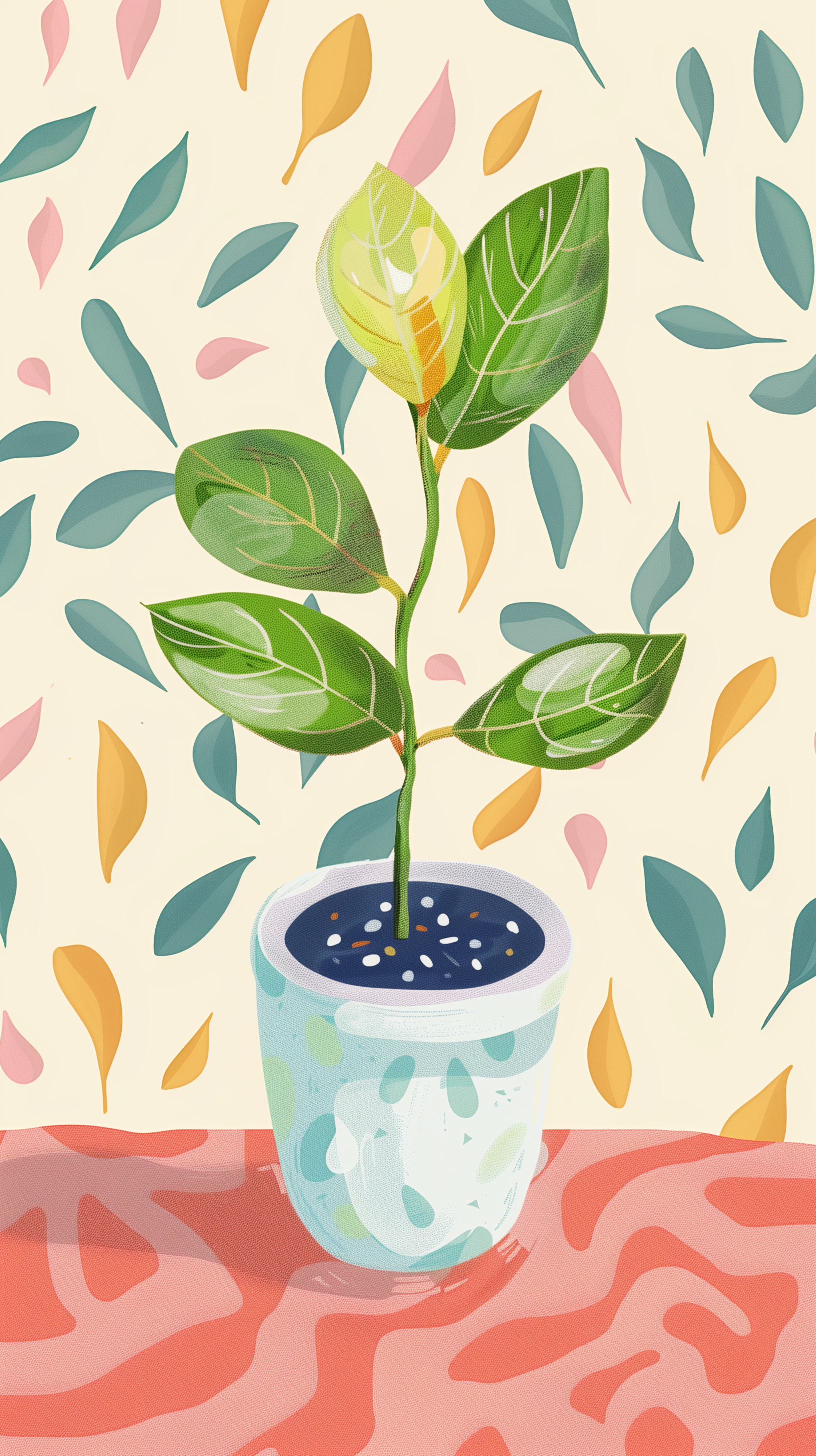 Phone wallpaper featuring a stylized illustration of a potted houseplant with lush green leaves, set against a background of colorful leaf patterns.