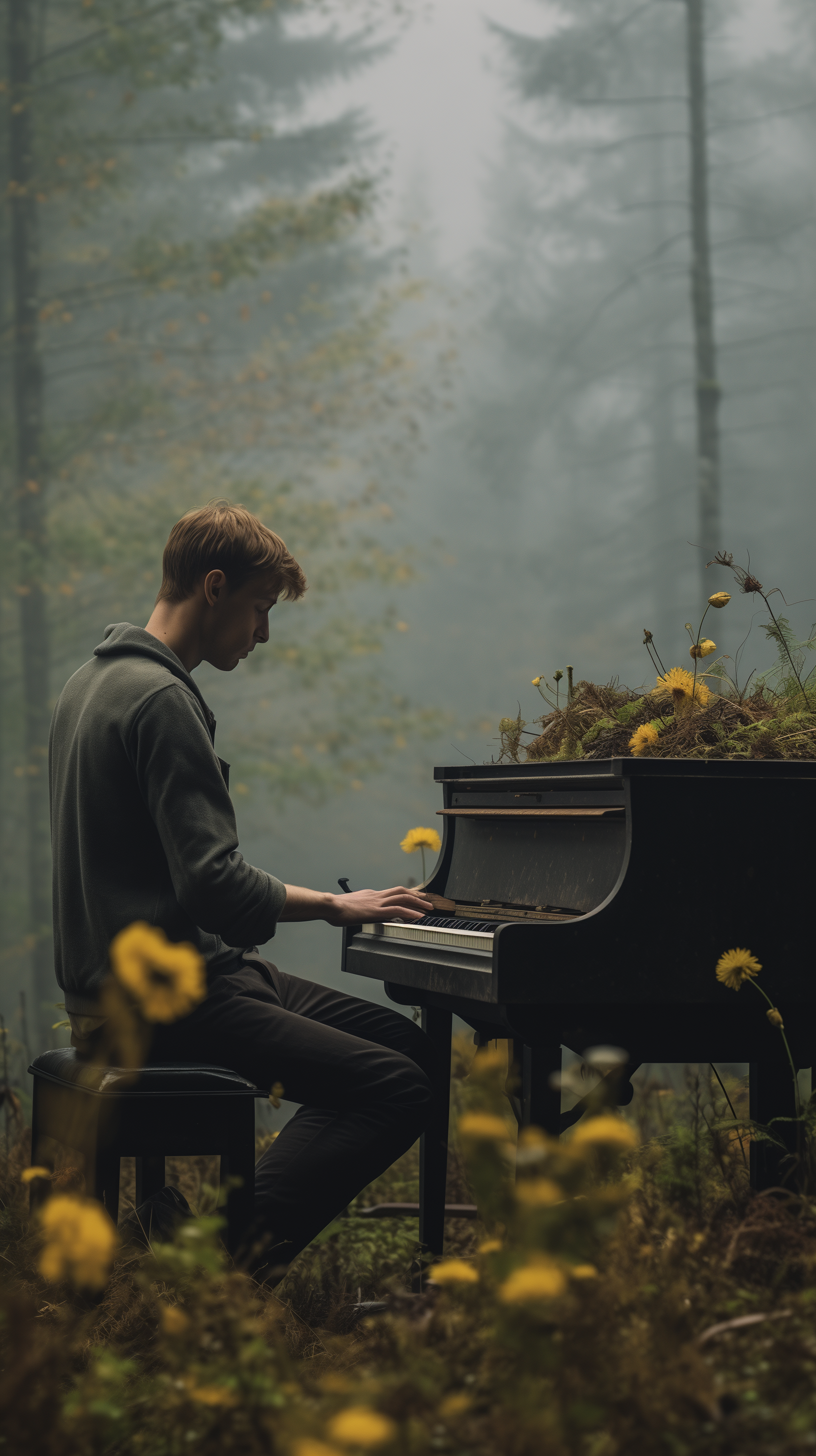 A man plays piano amidst a misty forest, surrounded by flowers. This serene image serves as a captivating phone wallpaper.