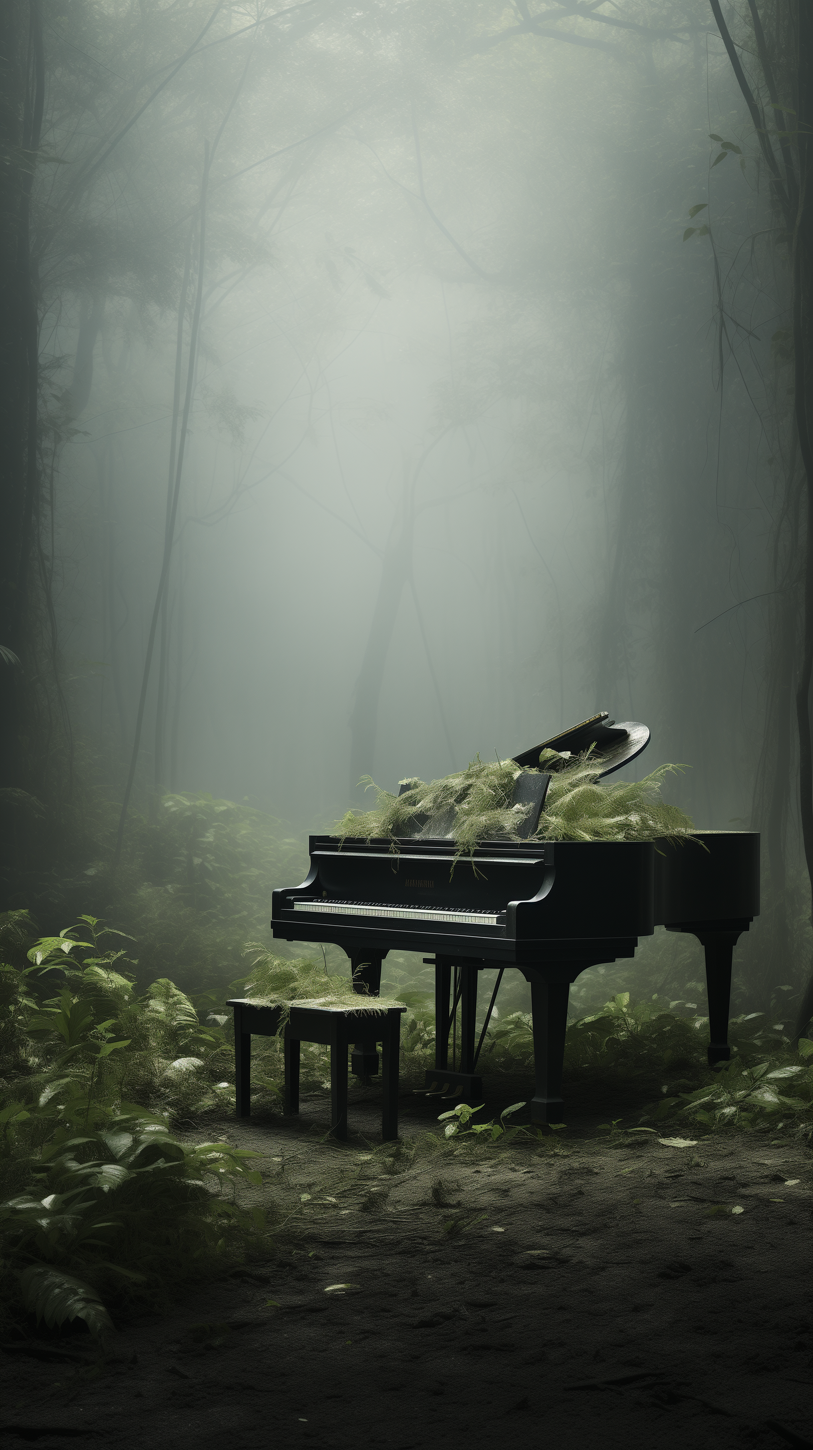 A serene phone wallpaper featuring a grand piano in a misty forest, evoking a sense of mystery and musical enchantment.