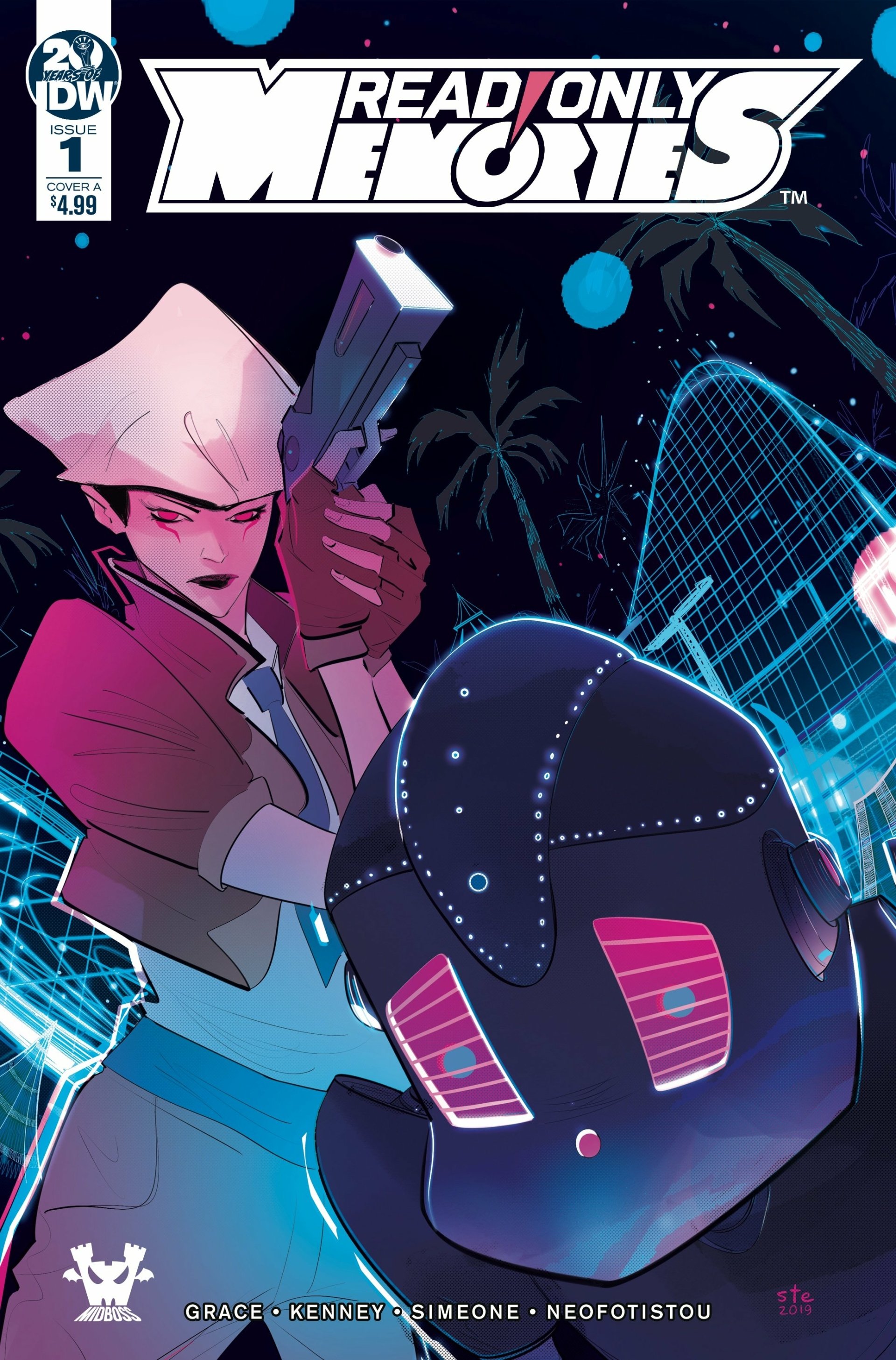 Phone wallpaper featuring a dynamic scene from Read Only Memories: NEURODIVER with a character examining a futuristic helmet against a neon-lit backdrop.
