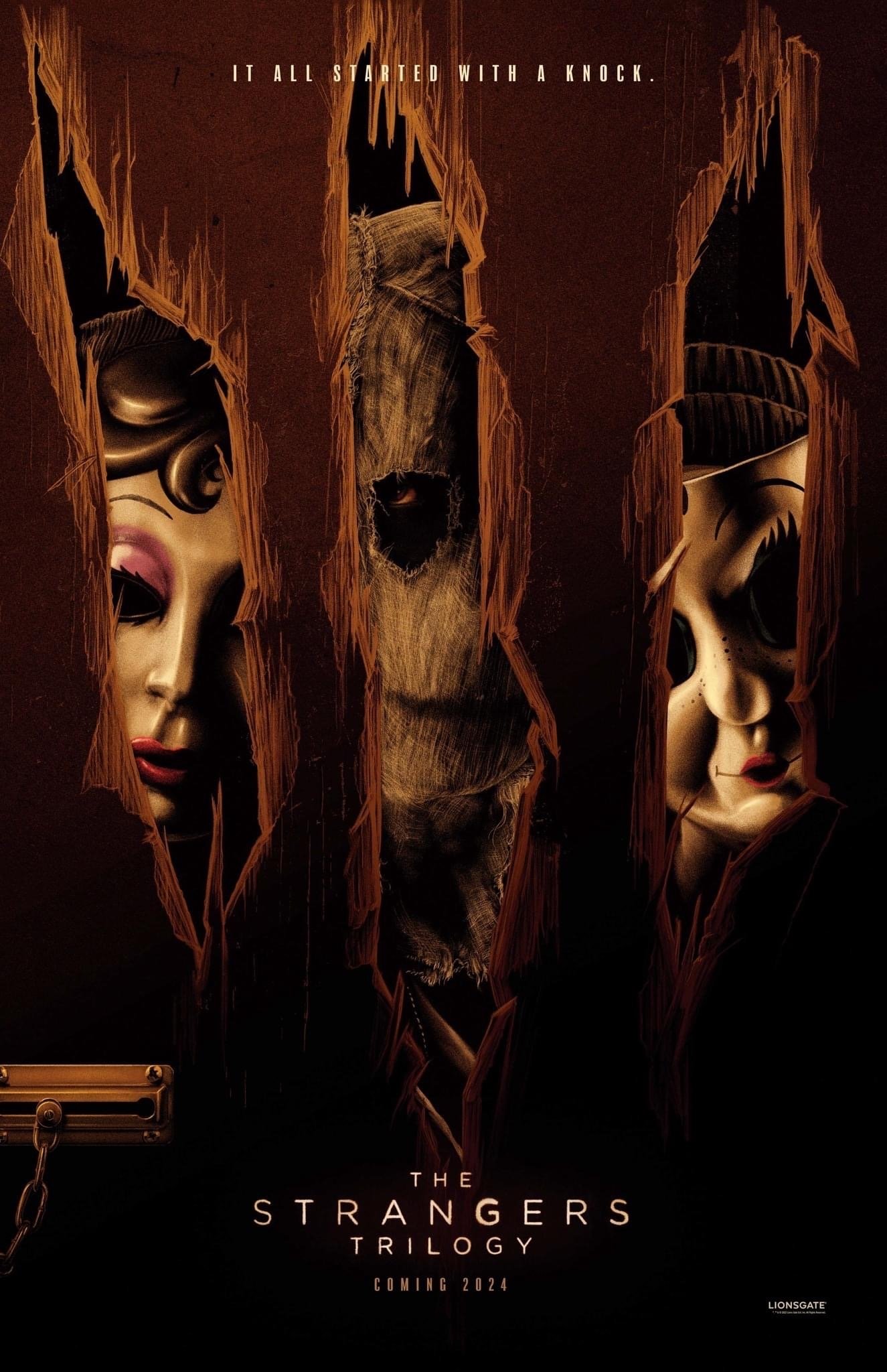Phone wallpaper for the movie The Strangers: Chapter 1, featuring three eerie masks peering through vertical slashes in a dark, tattered background with the text The Strangers Trilogy below.