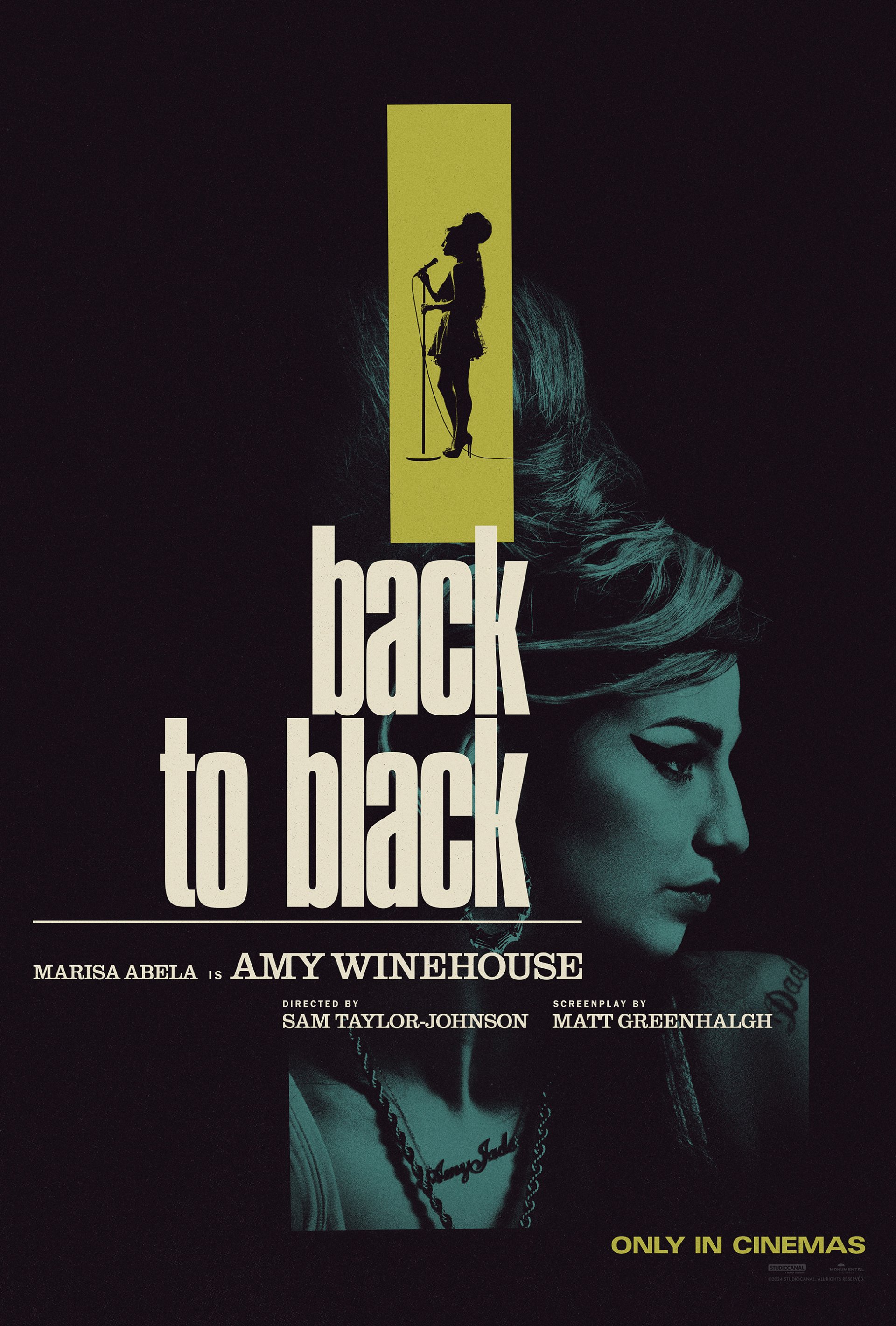 Phone wallpaper featuring a poster for the movie Back to Black about Amy Winehouse, showcasing her profile and the movie title.