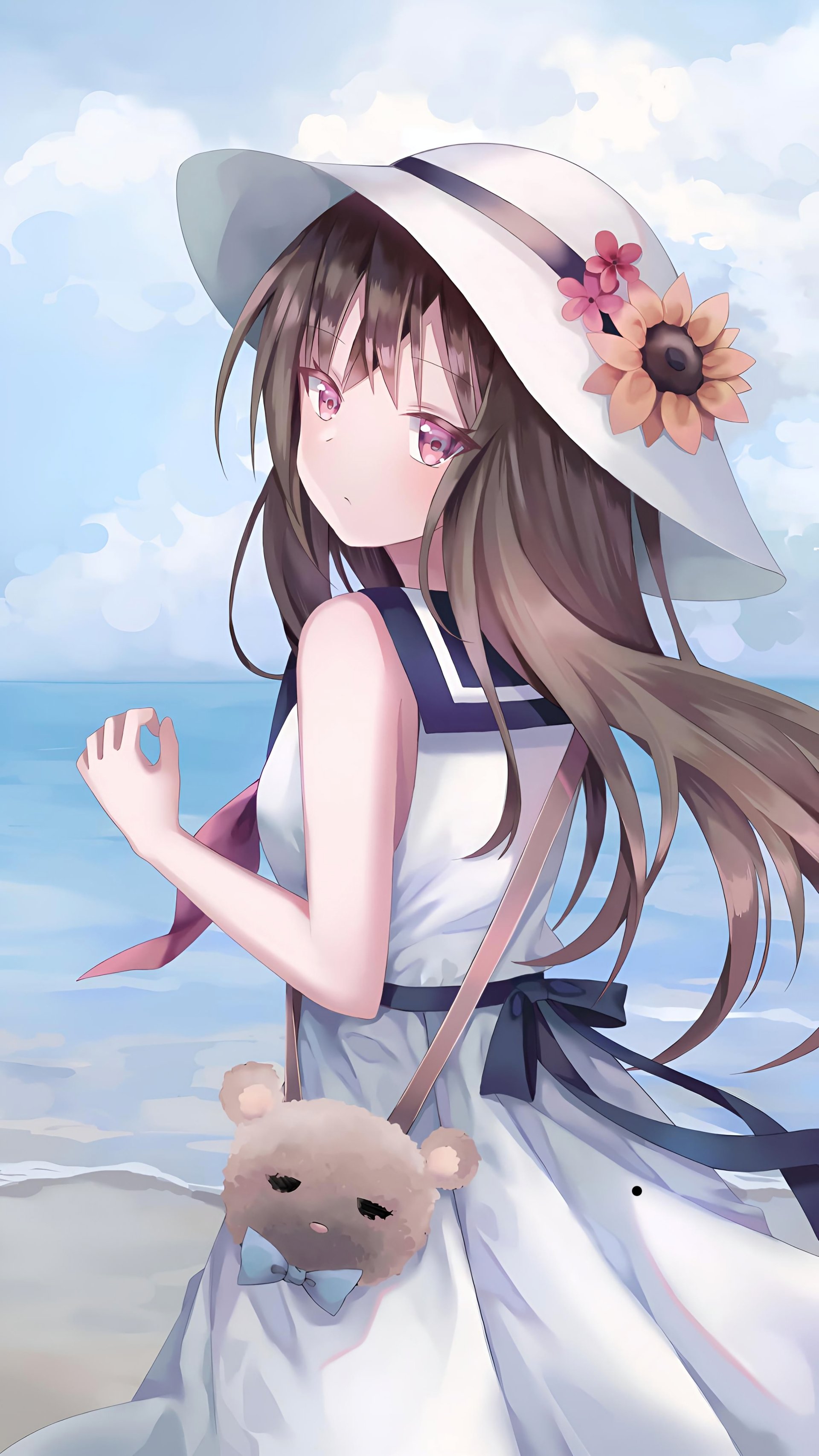 Anime girl with long brown hair wearing a white sunhat adorned with flowers and a sailor-style dress, standing by the ocean, designed as a phone wallpaper for iPhones and Android.