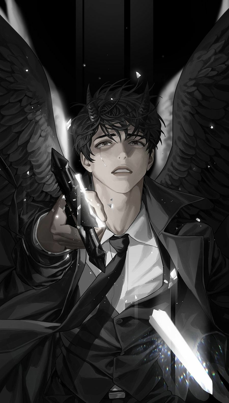 This phone wallpaper features an anime-style depiction of Kim Dokja from Omniscient Reader's Viewpoint, dressed in a suit with dark wings and holding a weapon, set against a dramatic monochrome background.