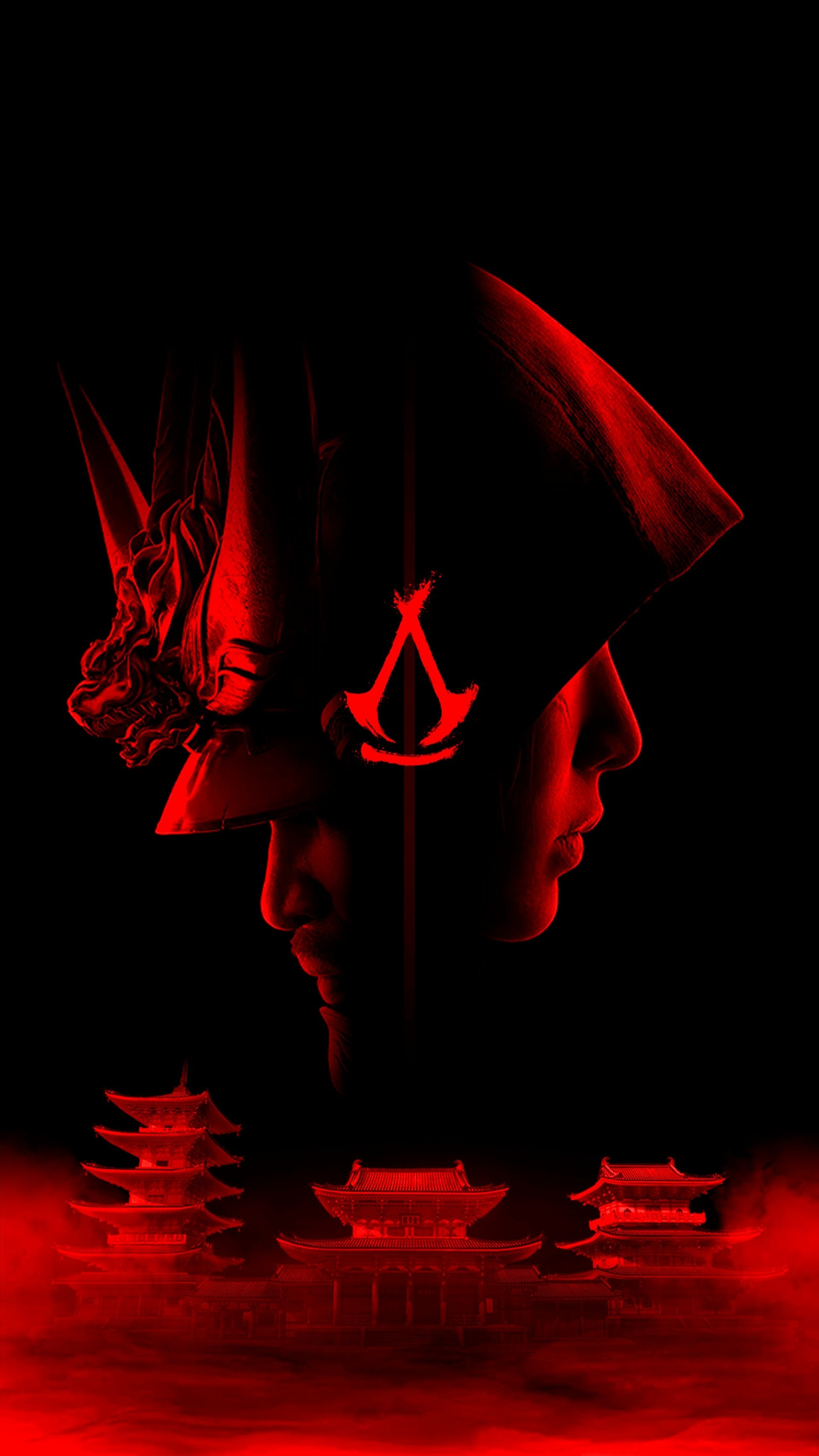 Phone wallpaper featuring a samurai with the Assassin's Creed Shadows logo, set against a red and black background with traditional Japanese pagodas.