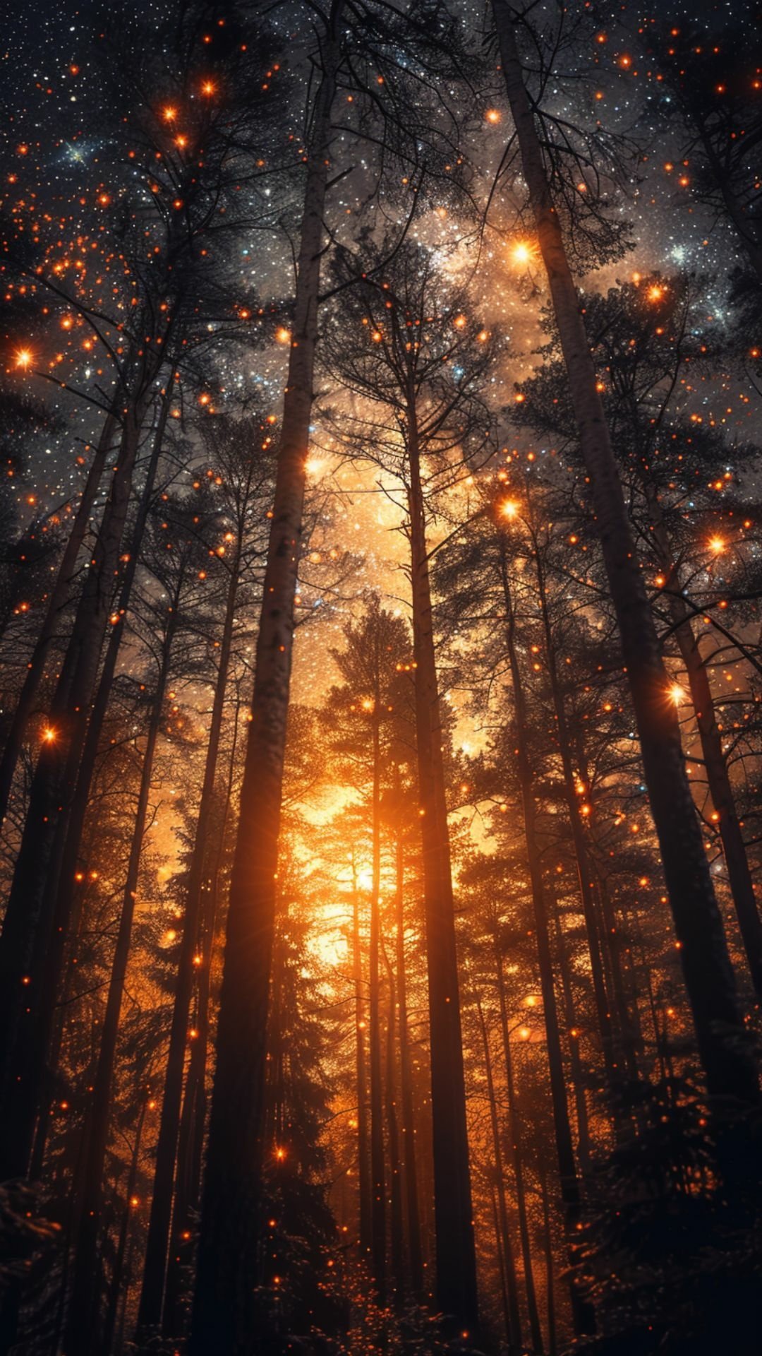 Tall forest trees illuminated by bright, warm light with glowing particles drifting through the air, creating a magical atmosphere in this phone wallpaper for iPhones and Android devices.