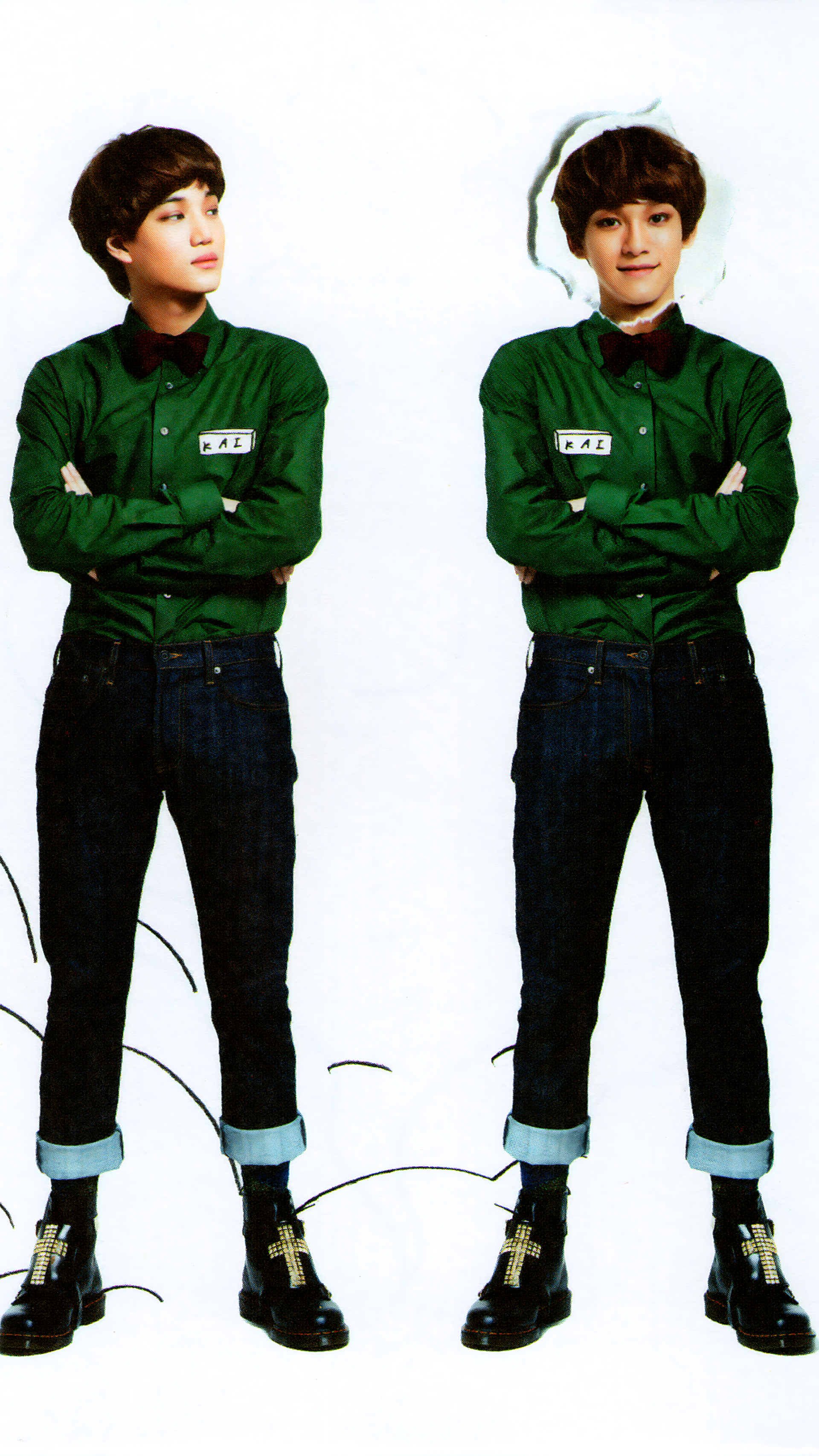 Phone wallpaper featuring EXO’s Kai in a Miracles in December photoshoot, wearing a green shirt, dark jeans, and black boots, shown twice against a white background.
