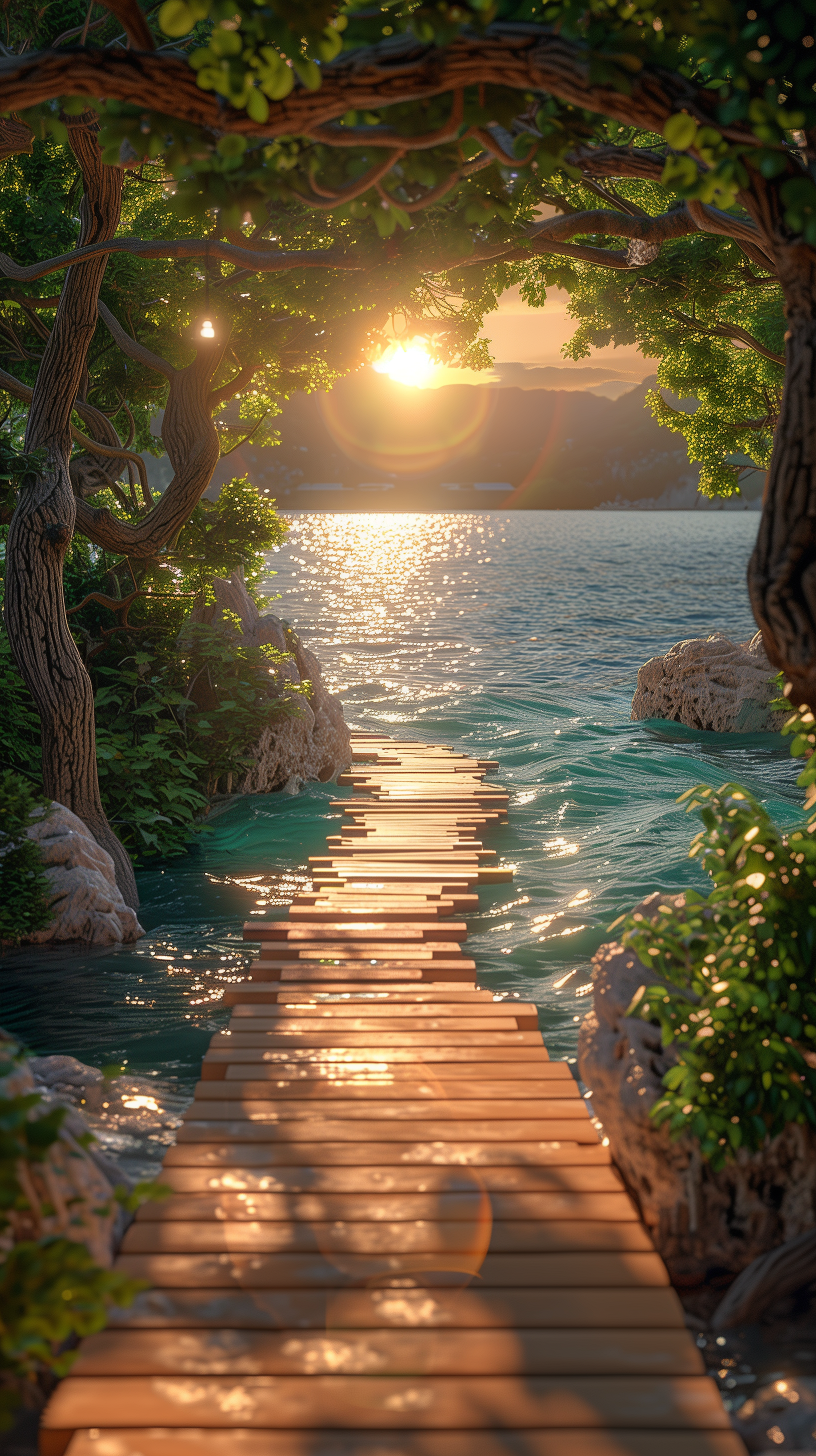 A tranquil summer landscape featuring a wooden path leading to the sparkling sea at sunset, framed by lush greenery—a serene phone wallpaper choice.